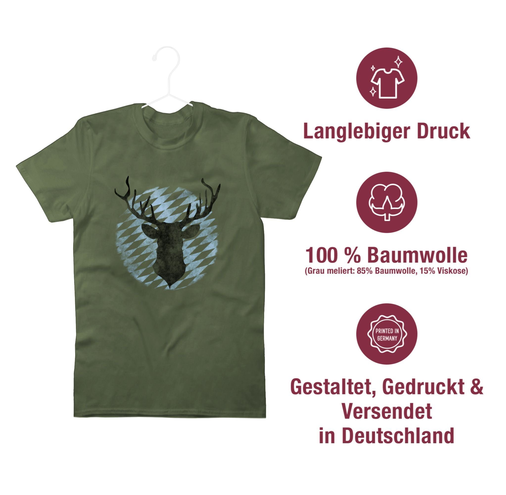Shirtracer T-Shirt Hirsch Bayern 3 Army Grün Oktoberfest Mode Herren für