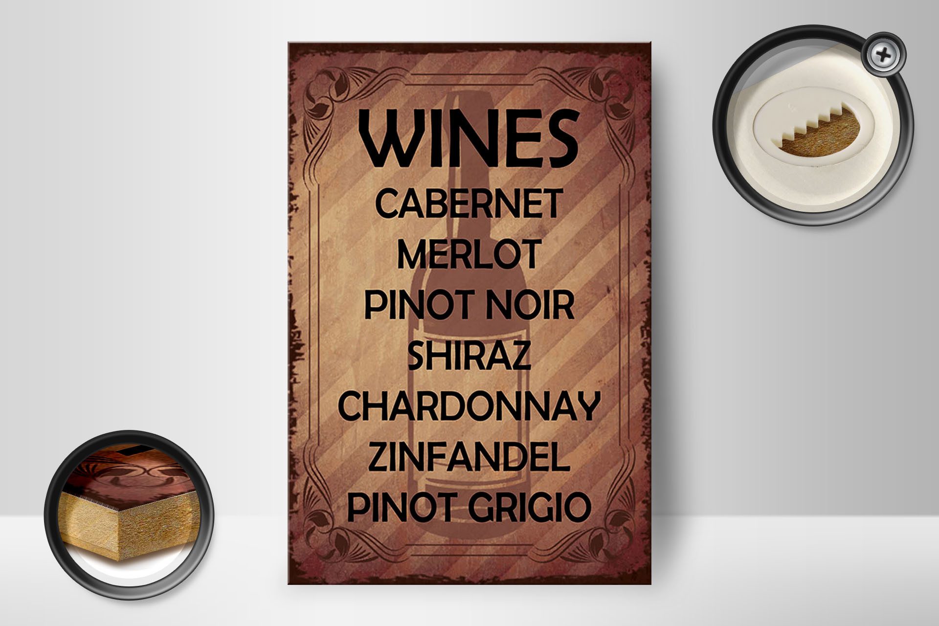 Femer GmbH Holzbild Alkohol 20x30 cm Wines 7 Weinsorten aufgelistet, (1 St), Glatte Holzfaserplatte (MDF), vorn beschichtet