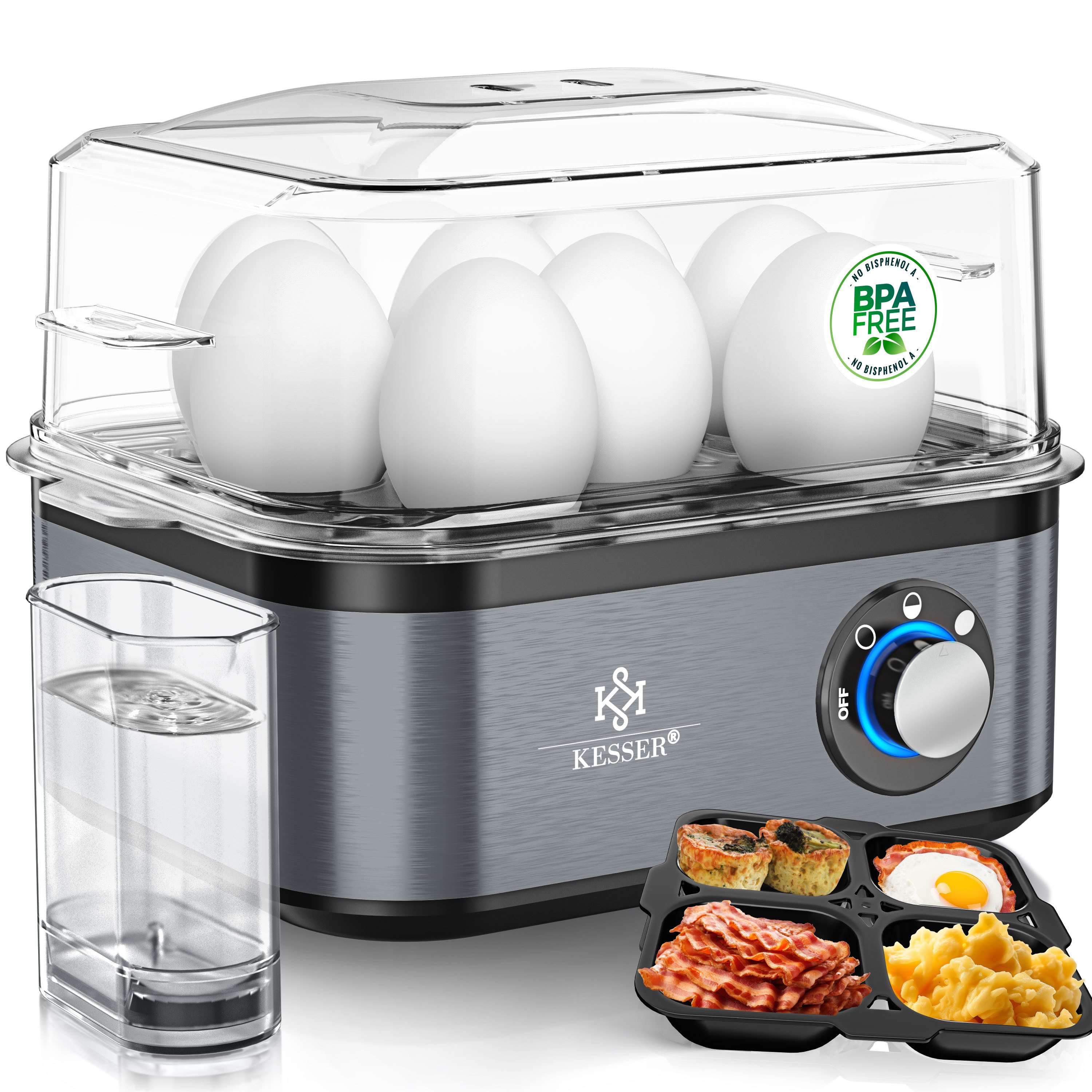 KESSER Eierkocher inkl. Messbecher mit Eipick und Omlettschalen, Bis 8 Eier, 500 W, Warmhaltefunktion, drei Härtegrade