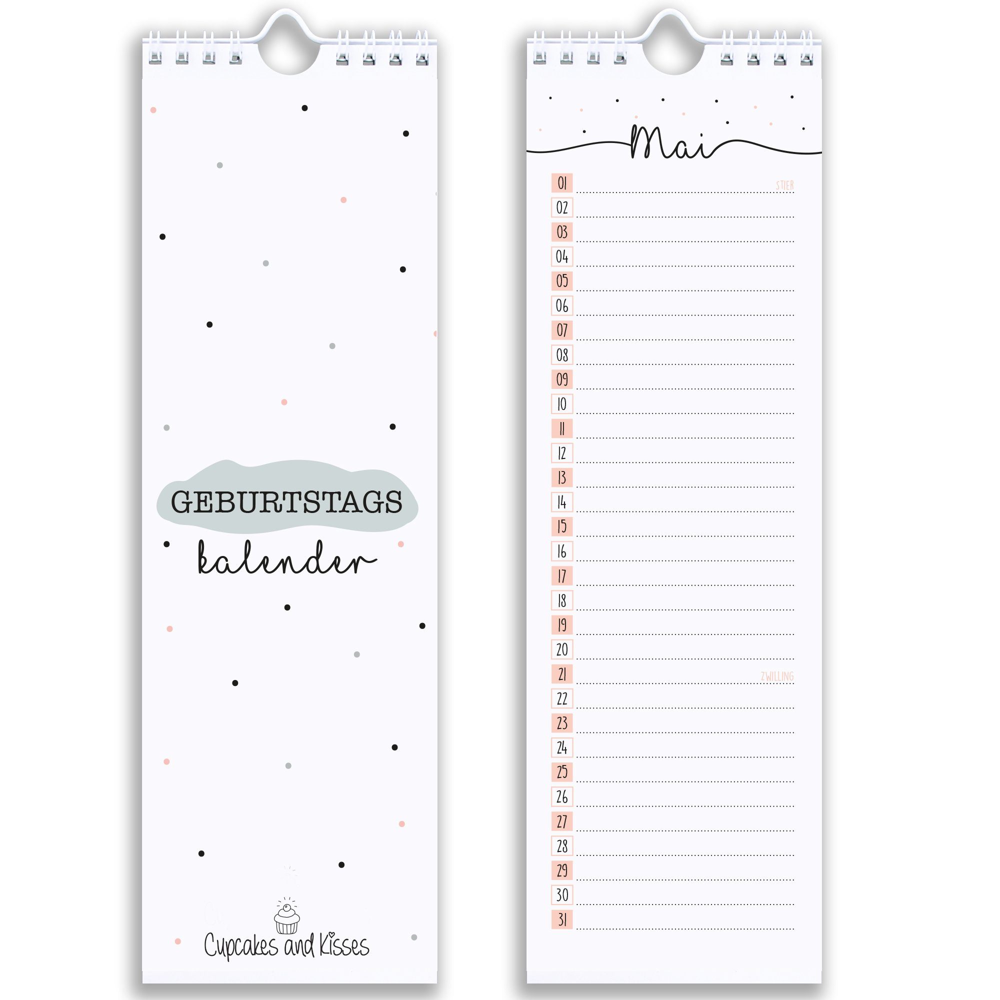CUPCAKES & KISSES Geburtstagskalender Immerwährender Wandkalender
