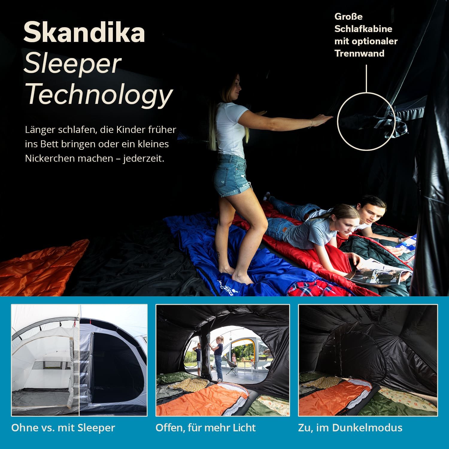 Skandika Tunnelzelt Campingzelt, Familienzelt, Egersund 5 XL Sleeper Protect, 2 m Stehhöhe, Personen: 5 (dunkle Schlafkabine, wasserdicht, 5000 mm Wassersäule), mit Sleeper Technologie, eingenähter Zeltboden, Moskitonetz, UPF 50+