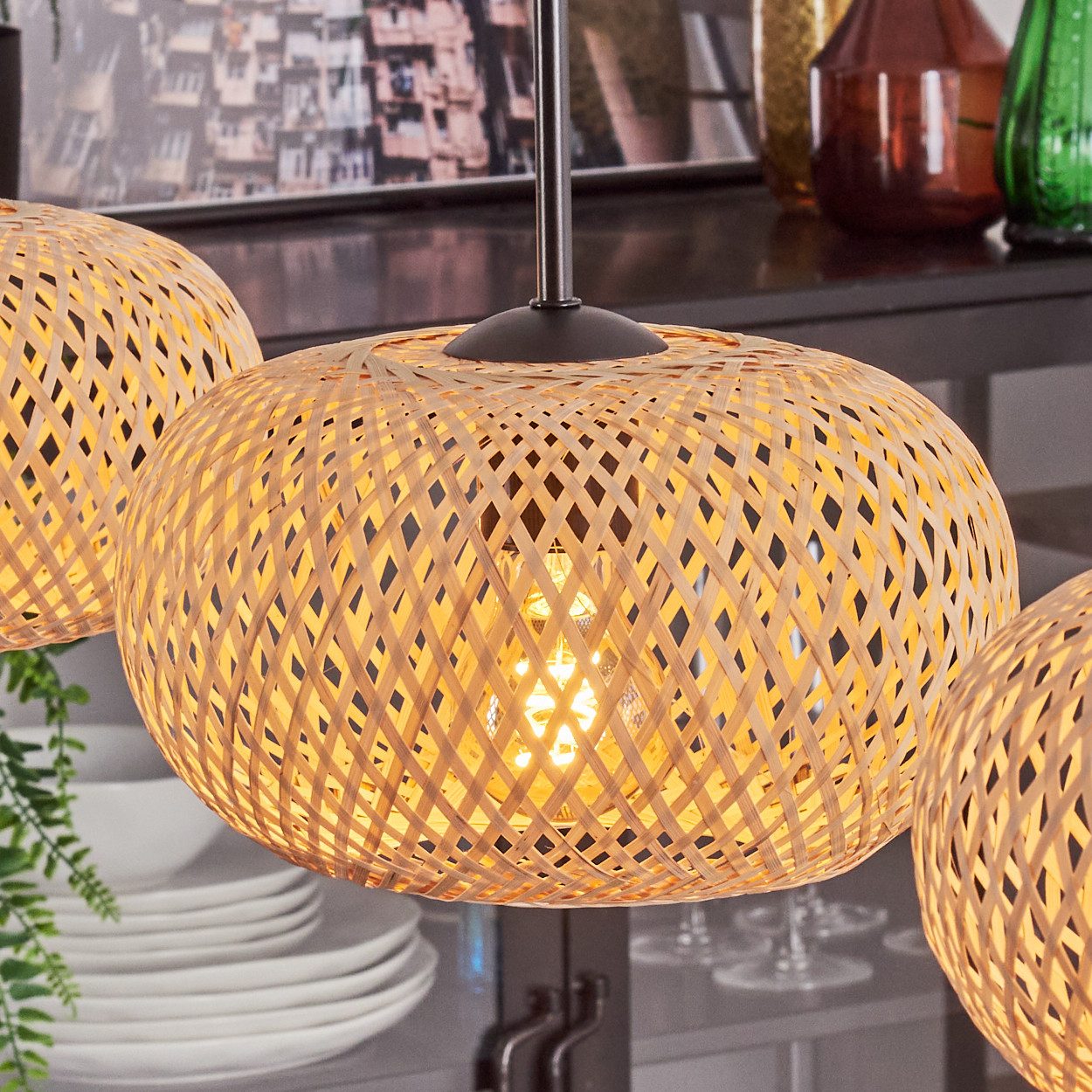 hofstein Hängeleuchte moderne Pendellampe aus Metall/Bambus in Schwarz/Natur, ohne Leuchtmittel, Gitterschirm Leuchte (25cm), Lichteffekt, 3 x E27, ohne Leuchtmittel