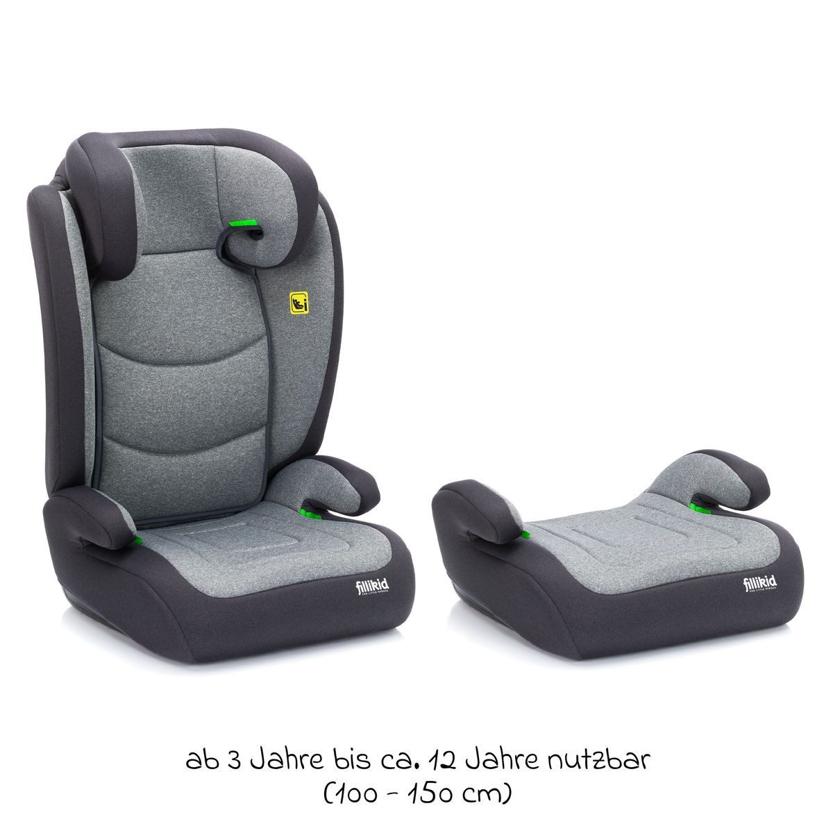 Fillikid Autokindersitz Lea i-Size - Grau, Kindersitz ab 3 Jahre - 12 Jahre (100 cm - 150 cm) mit Auto-Sitztasche