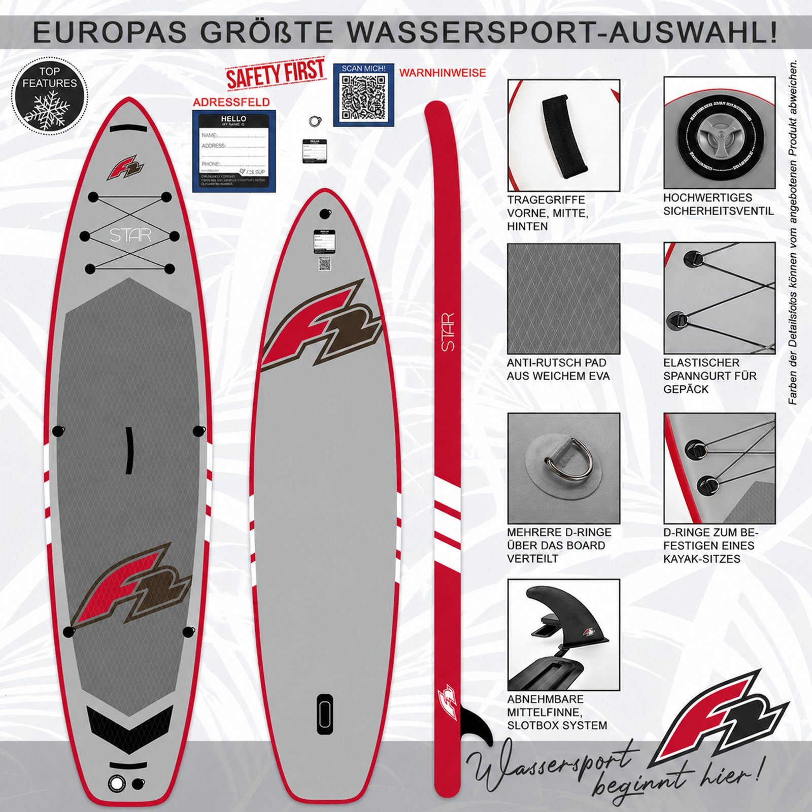 F2 SUP-Board F2 SUP Stand Up Paddle Board Star 350cm 11,5 Grau, Aufblasbar, (Set)