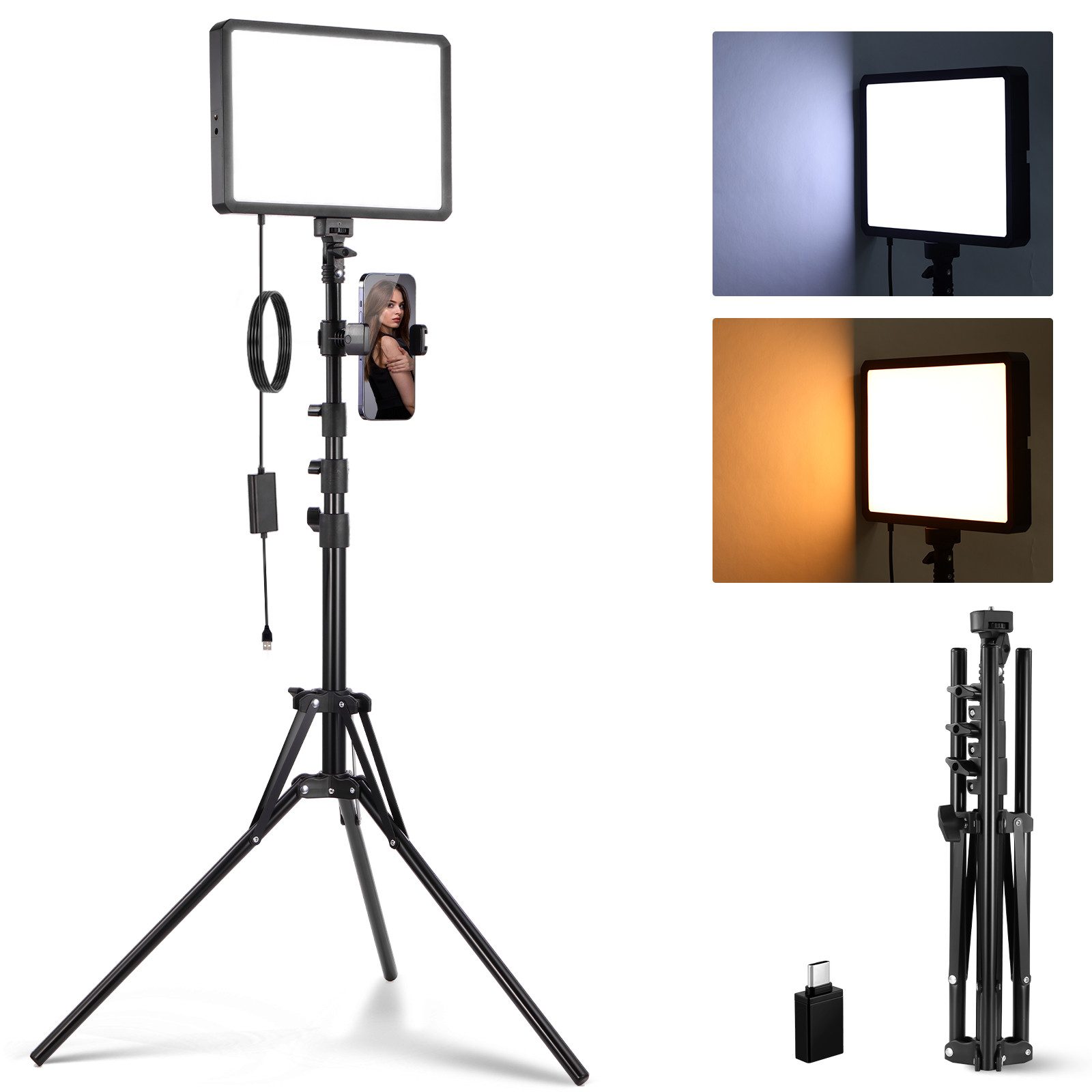 Neewer Videoleuchte BP300 LED Videolicht Panel Light, mit 150cm Stativ & Handyhalter, Bi Color 2700-6500K dimmbar, 850lx/0,5m, für Videoaufnahmen