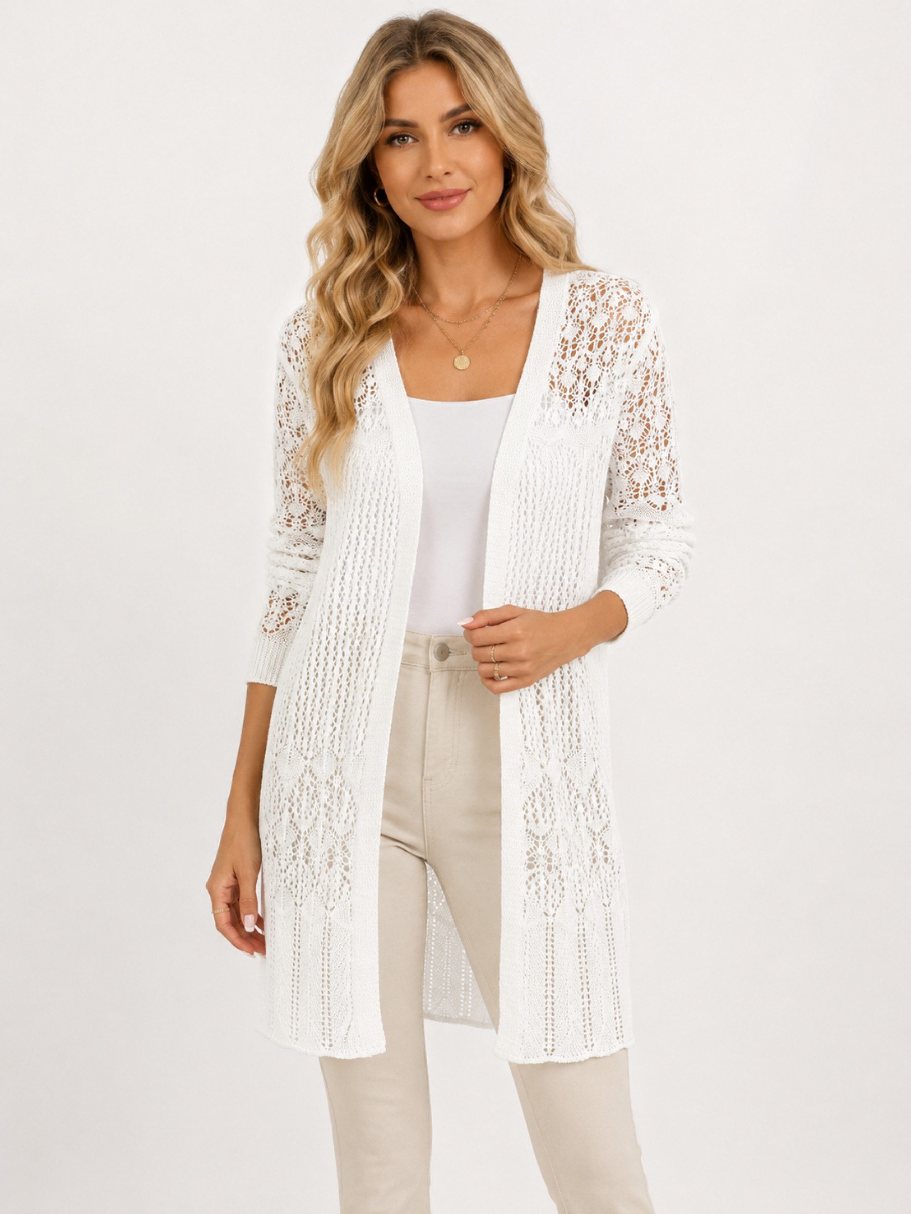Elegant Love Strickjacke Damen Strandcardigan, Häkel-Strandjacke – Longcardigan in Ajourstrick Beach Kimono, Cover-Up – leichter Lochstrick Überwurf für den Sommer