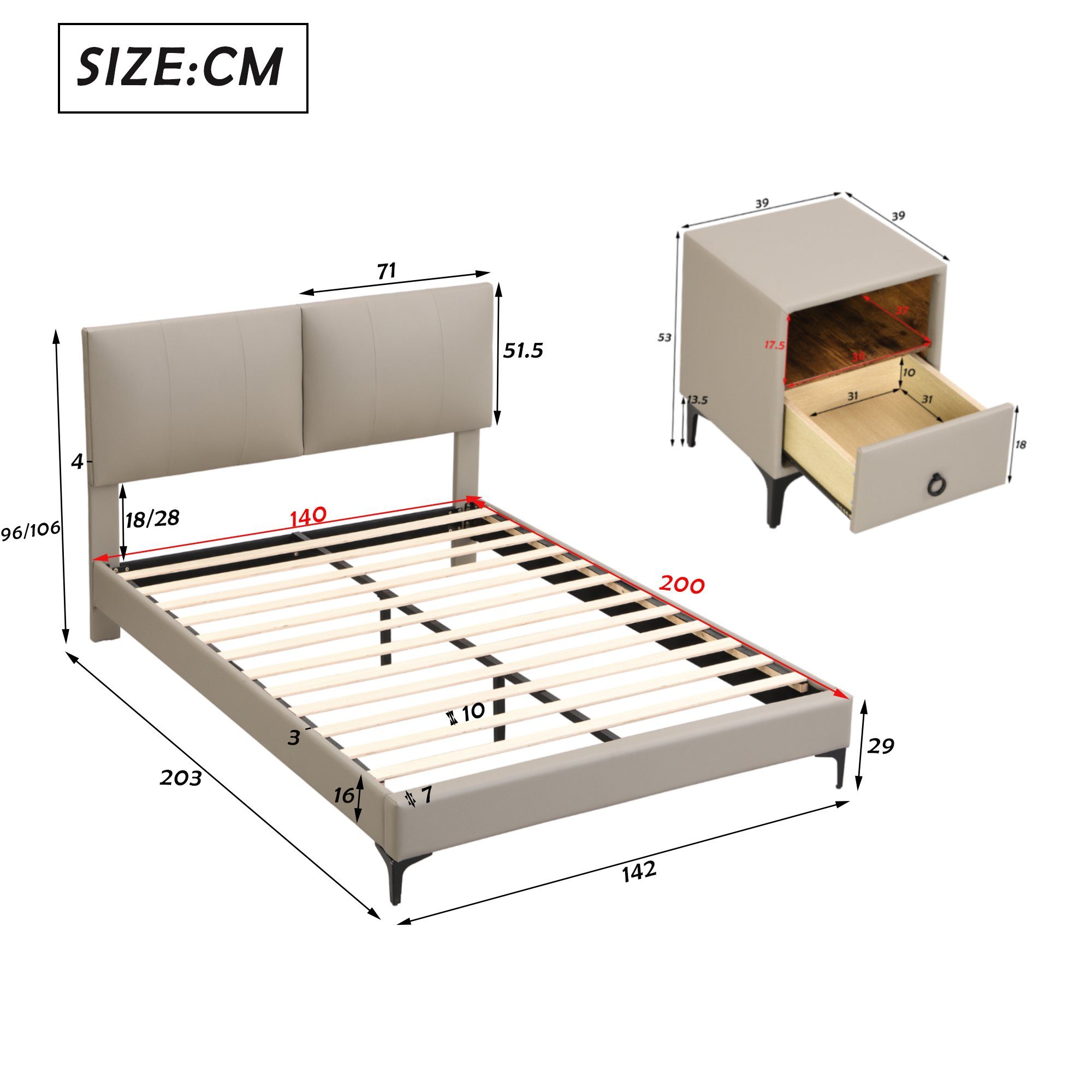 Doppelbett+Nachttisch 2 Sie Schlafzimmer-Set mit Bringen Nachttische Gotagee Set Jugendbett, Polsterbett 140x200 oder Schlafzimmer 1