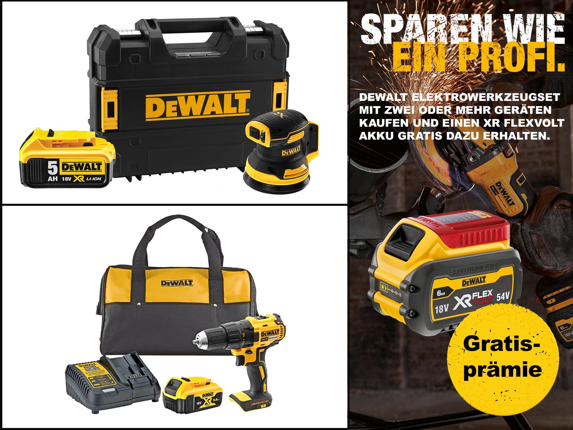 DeWalt Elektrowerkzeug-Set Akku, 2x DCB184-XJ T Akku-Exzenterschleifer, Tragetasche DCD777P1-QW STAK-Box Akku-Bohrschrauber, 18V/5Ah DCW210NT-XJ Systemschnellladegerät, 1x II