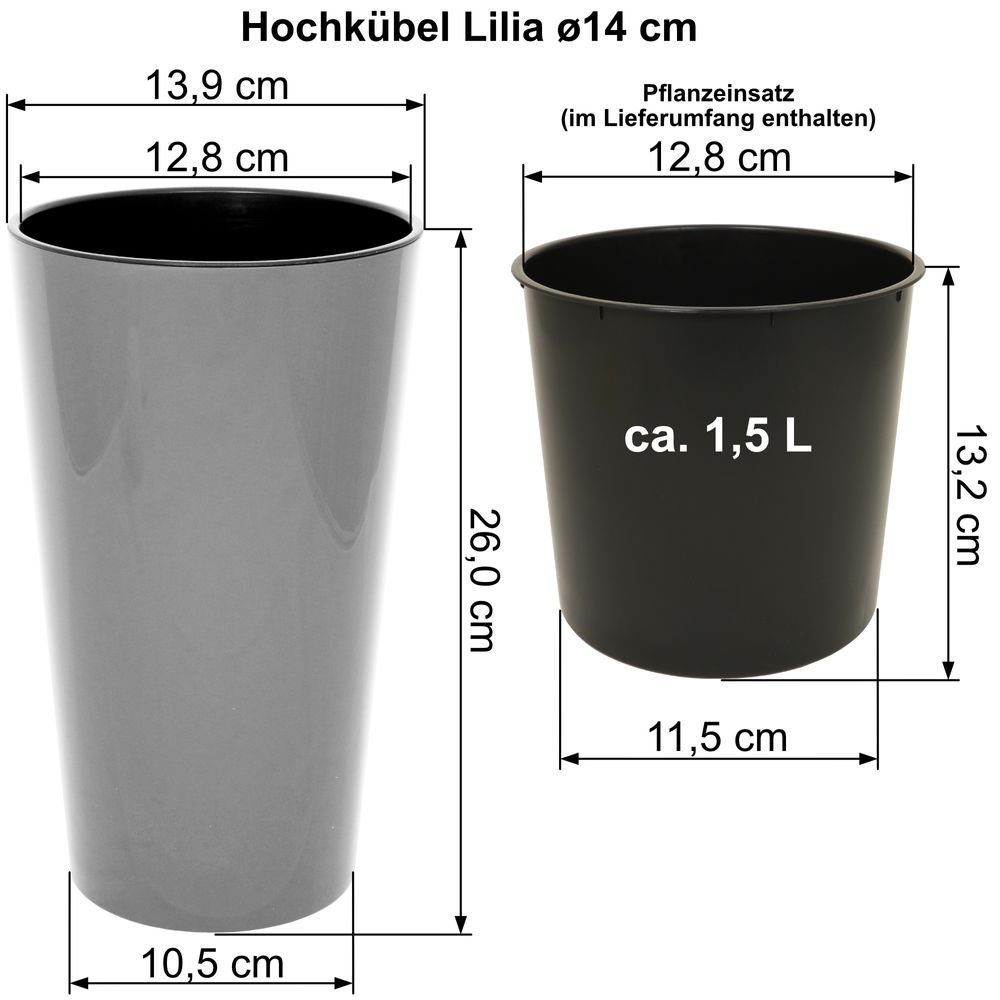 Lilia wetterfestes UV-beständiger MePla - - - Blumenkübel Heimwerkercenter cm Kübel - Pflanzgefäß Pflanzentopf Übertopf ø14 - cm H=26 / - - Hochkübel anthrazit