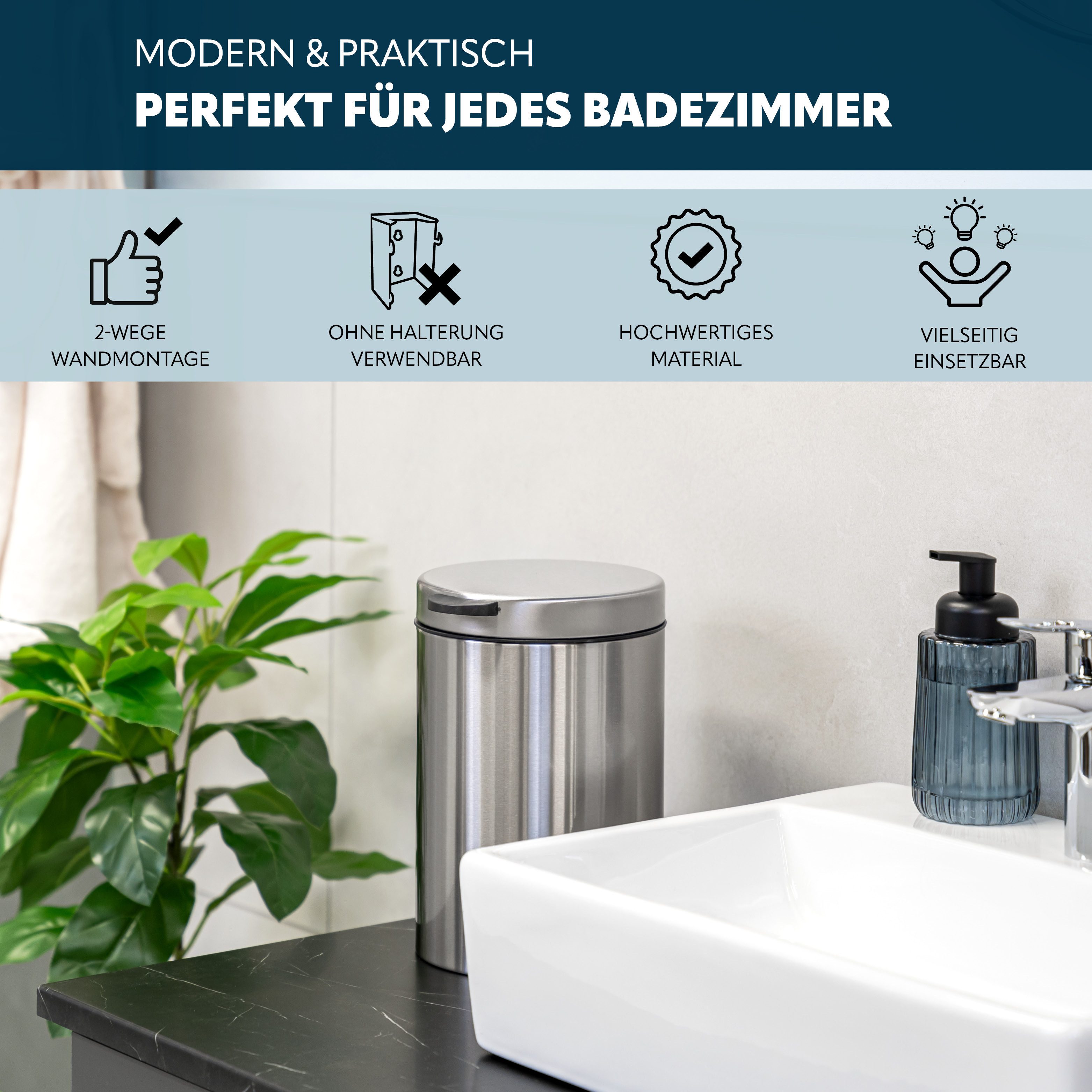 bremermann Kosmetikeimer runder Wand-Kosmetikeimer 3 Liter inkl. Wandhalterung, Edelstahl