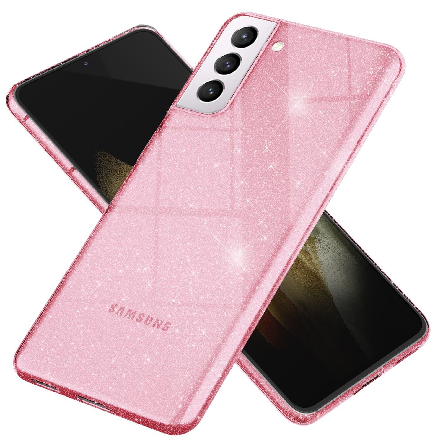 Nalia Smartphone-Hülle Samsung Galaxy S21, Klare Glitzer Hülle / Silikon Transparent / Glitter Cover / Bling Case