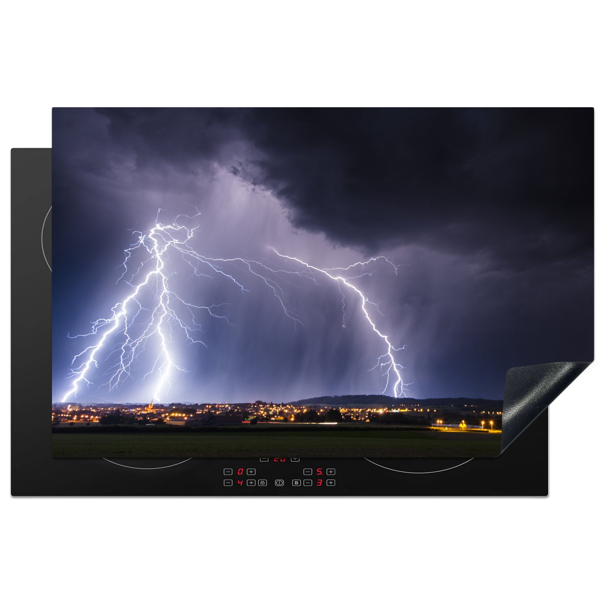 MuchoWow Herdblende-/Abdeckplatte Gewitter über einer Stadt bei Nacht, Vinyl, (1 tlg), 81x52 cm, Induktionskochfeld Schutz für die küche, Ceranfeldabdeckung