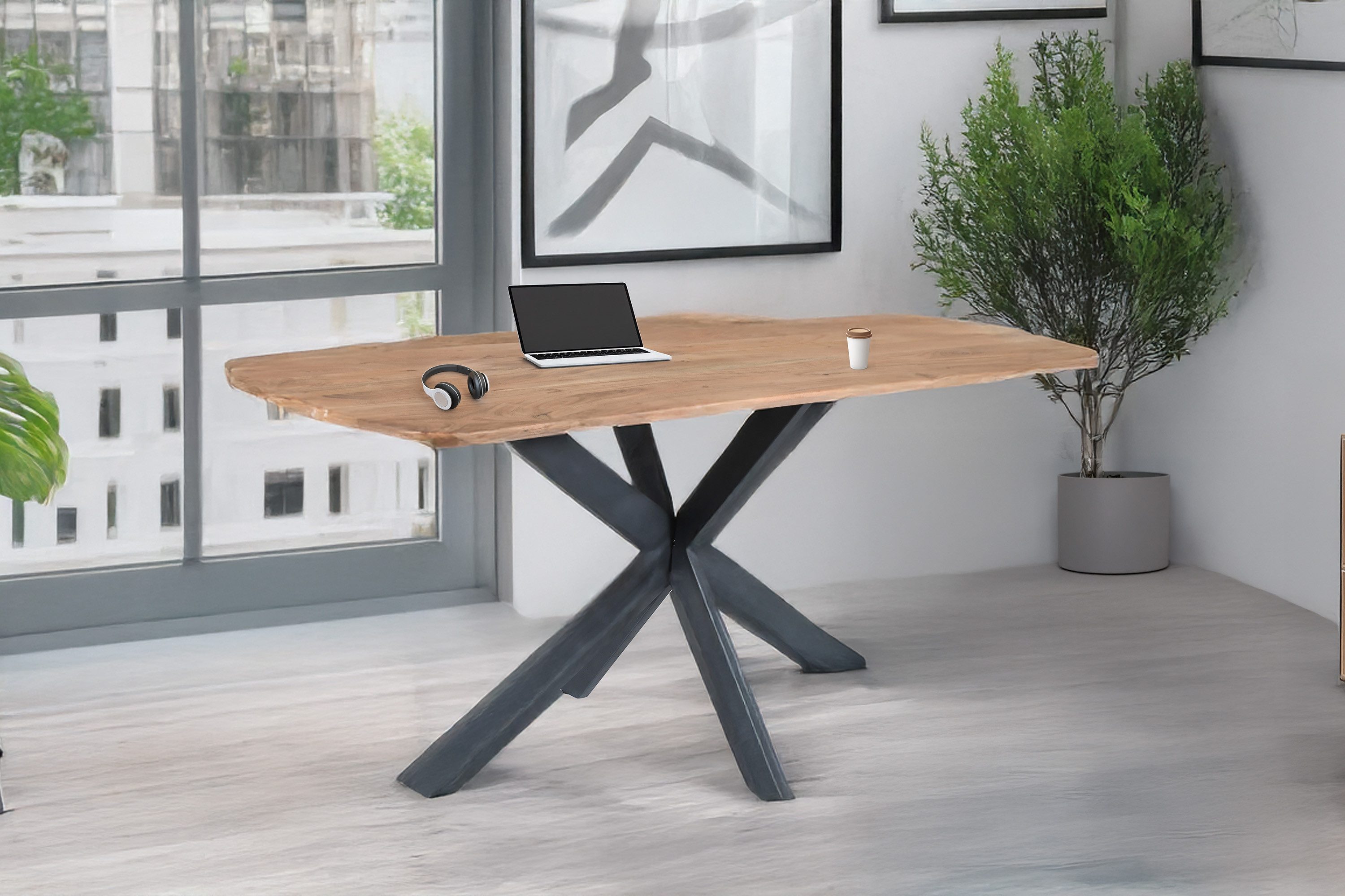 SAM® Esstisch Mina, massives Akazienholz, Schweizer Kante, Metallgestell schwarz