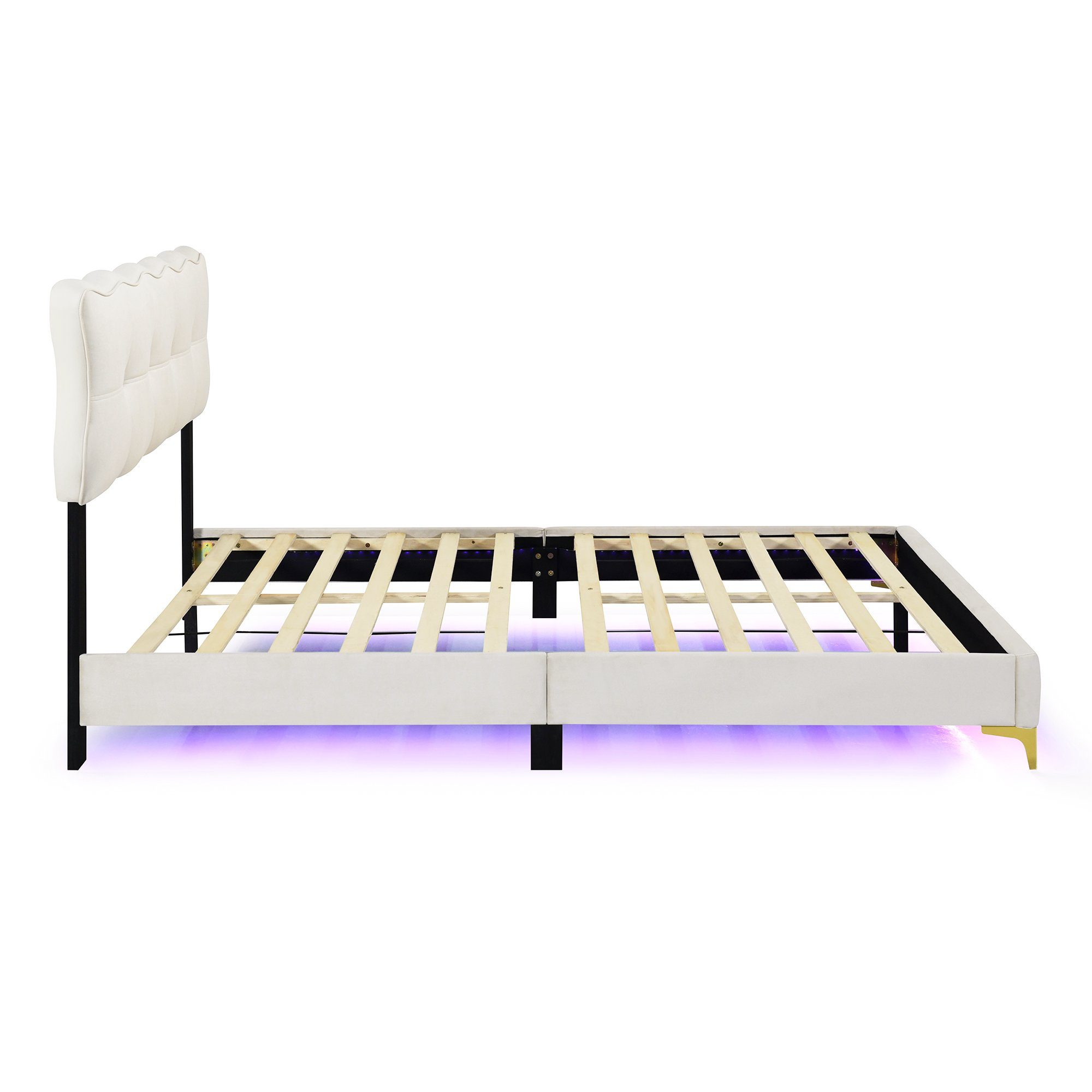 Polsterbett, LED Doppelbett mit gepolstertem Kopf- & Fußteil, Samtstoff, 160x200cm