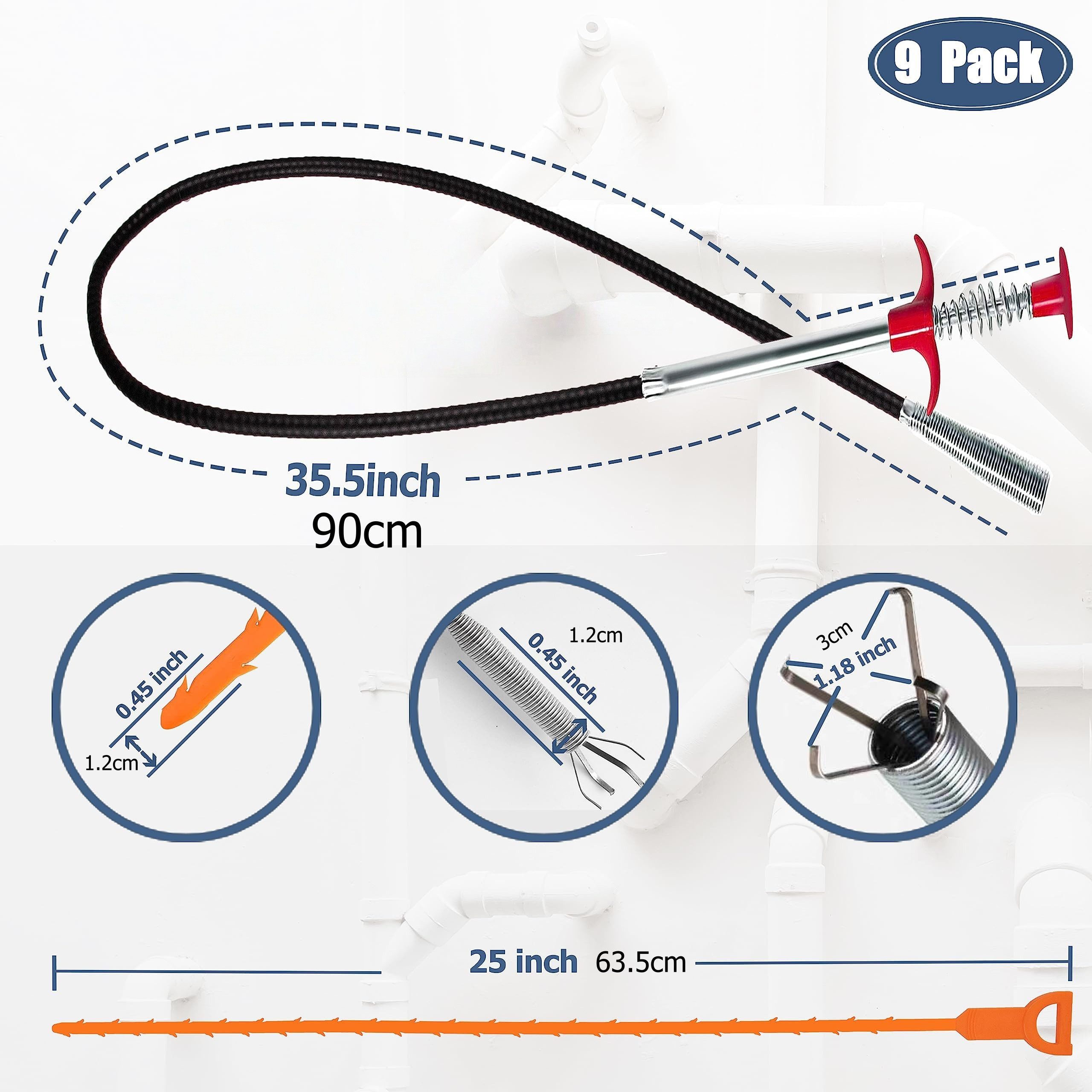 FOUORTUNATE-BEE Rohrreinigungsspirale Abflussreiniger Set 9-teilig – Rohrspirale & Haarentferner, Abfluss Schlange für Bad, Küche, WC & Waschbecken