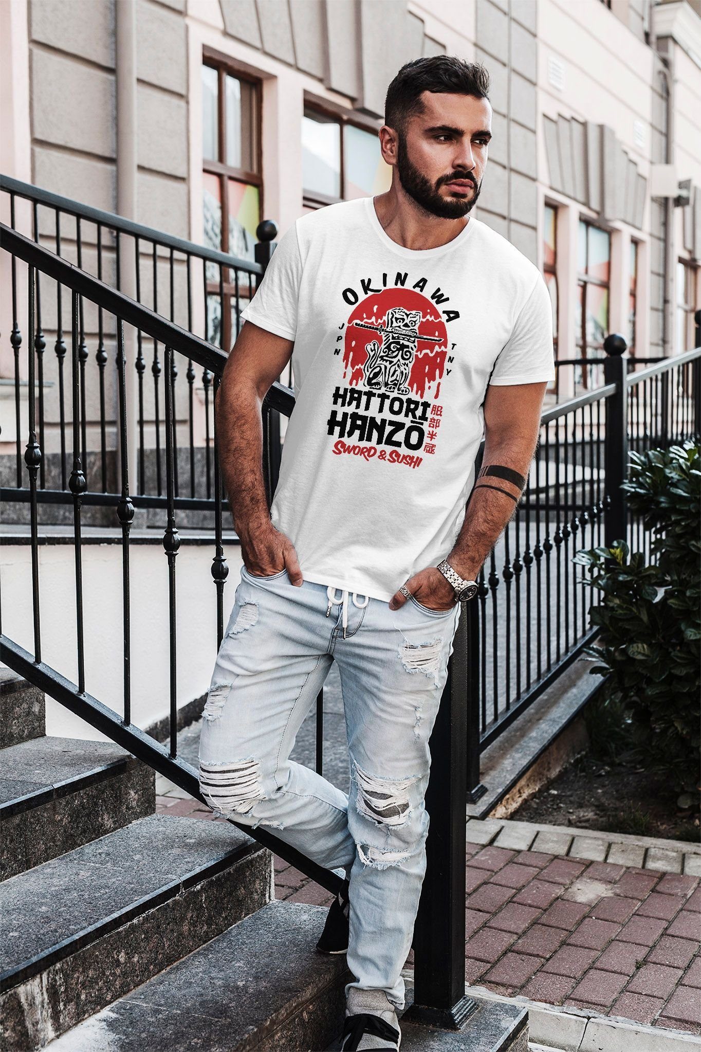 Neverless Print-Shirt Herren T-Shirt Hattori Hanzo Sword and Sushi Okinawa Japan mit Print