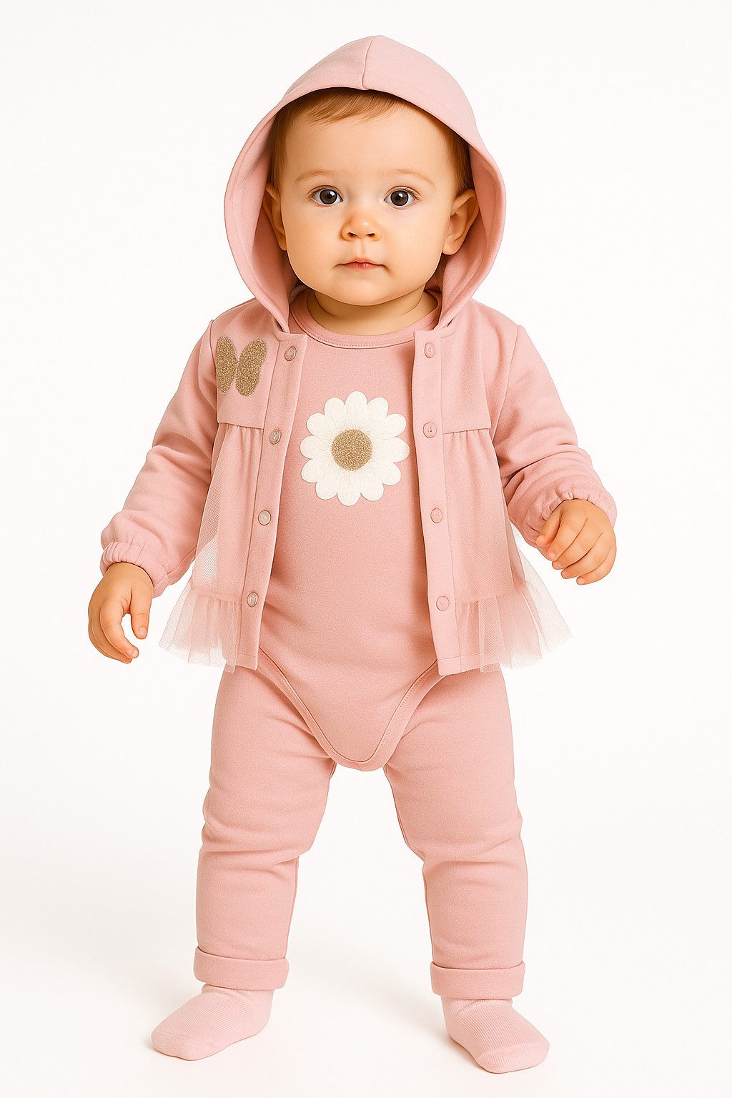 Lorey Medtec Neugeborenen-Geschenkset Mädchen Outfit, 3er Set, Jacke mit Kapuze, Langarmbody, Hose, Rosa (Jacke + Langarmbody + Hose)