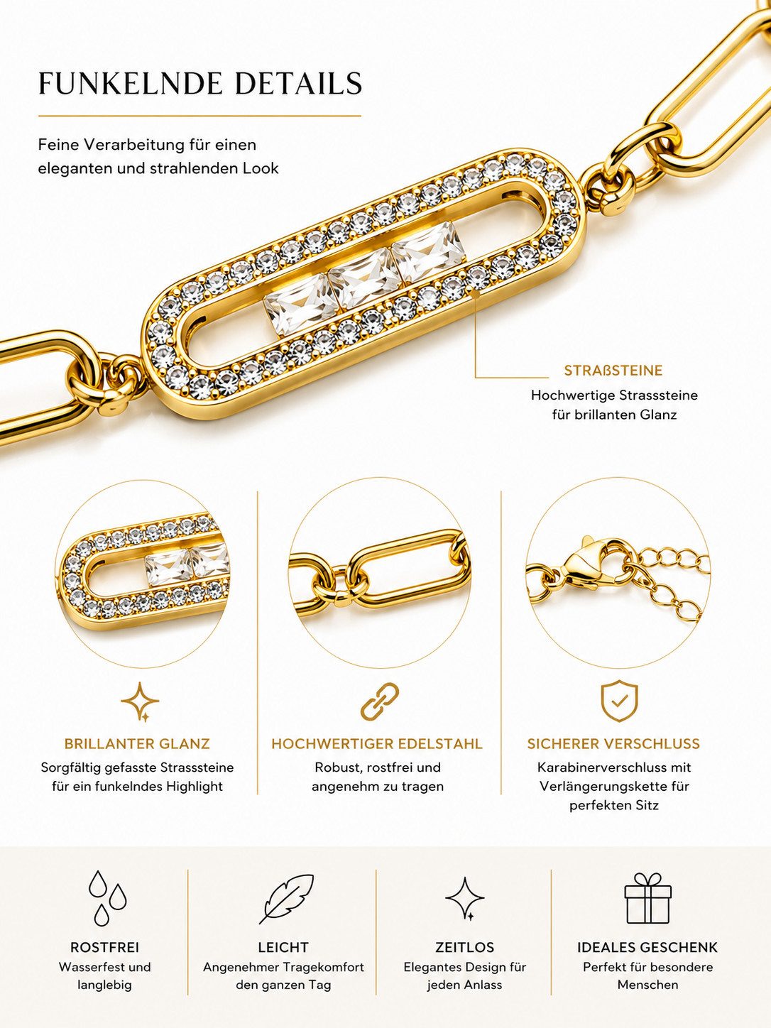 Brise Schmuck Armband Armband Damen mit Strass verstellbar Gliederarmband, Elegantes armband mit funkelnden Strassdetails und verstellbarer Länge