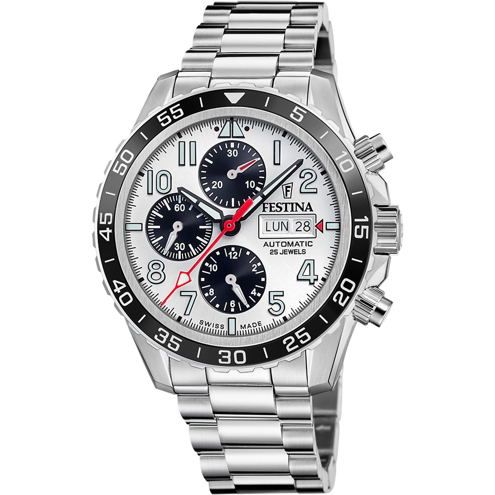 Festina Automatikuhr Chronograph – Swiss Made, Silber, Edelstahlband, 45,8 mm, F20055/1, für Herren, elegante Uhr, sportliches Design