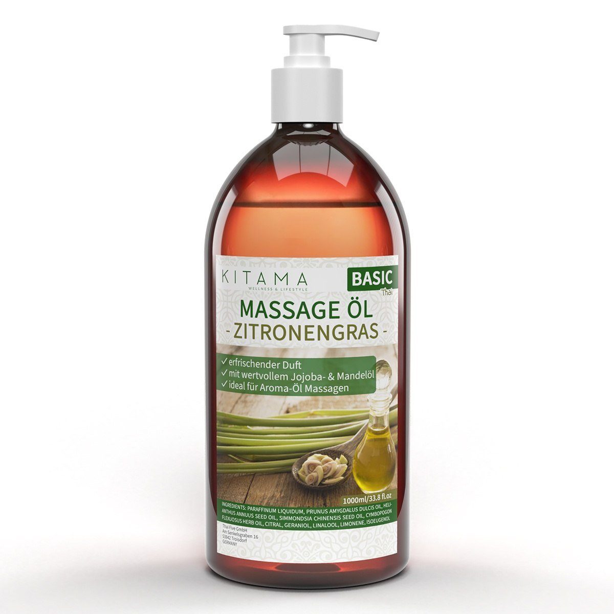 Kitama Massageöl mit Aroma - Körper-Öl für Massagen Pflegeöl Aroma-Öl Thai-Öl 1-Liter, Zitronengras