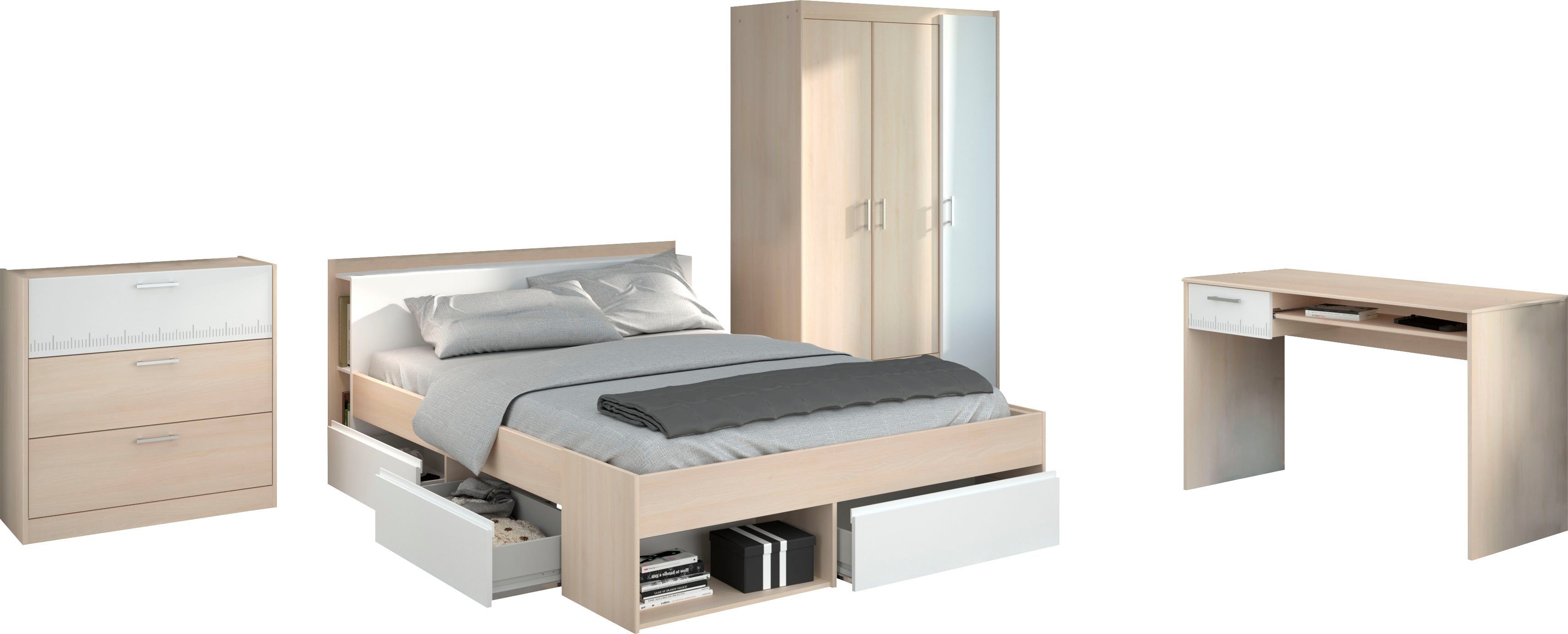 Schubkastenkommode) mit Jugendzimmer-Set Kleiderschrank, Bett (Set, Schreibtisch, Most, Parisot Schubkästen, 4-St.,