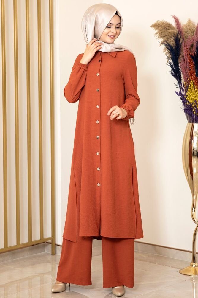 Modavitrini Longtunika Damen Anzug Kleidung Aerobin Stoff mit Zweiteiler Ziegelsteinrot Lange Hose Tunika Knöpfe, Hijab