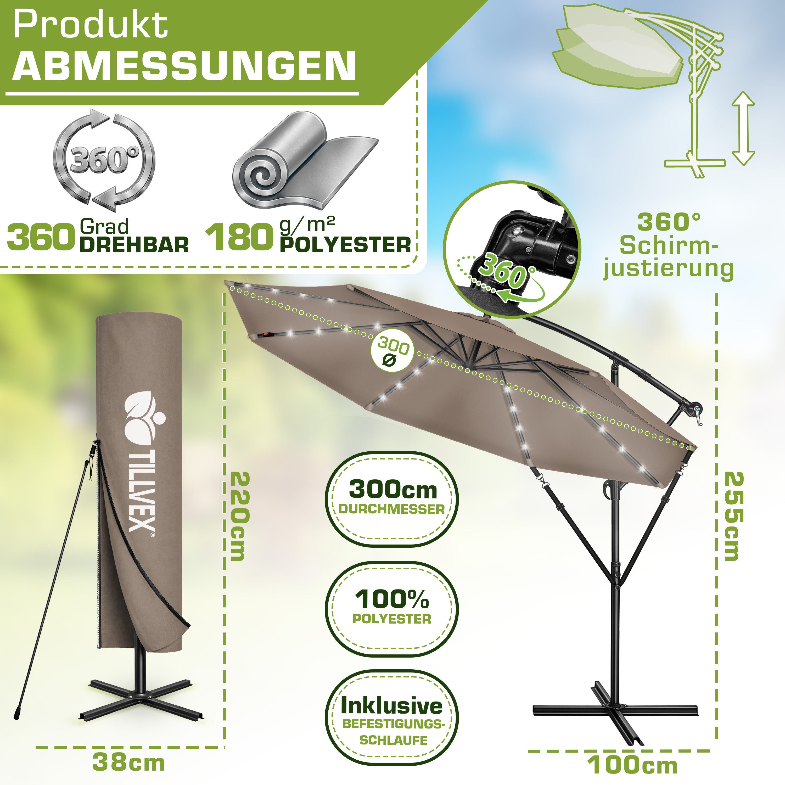 tillvex Sonnenschirm tillvex® Sonnenschirm LED Solar Ø 3m Ampelschirm Balkon Gartenschirm, Alu Ampelschirm + Abdeckung LED Solar Ø 350 cm mit Kurbel, Abdeckung + Ständer, Gartenschirm UV-Schutz Aluminium, Kurbelschirm Marktschirm wasserdicht 360° drehbar