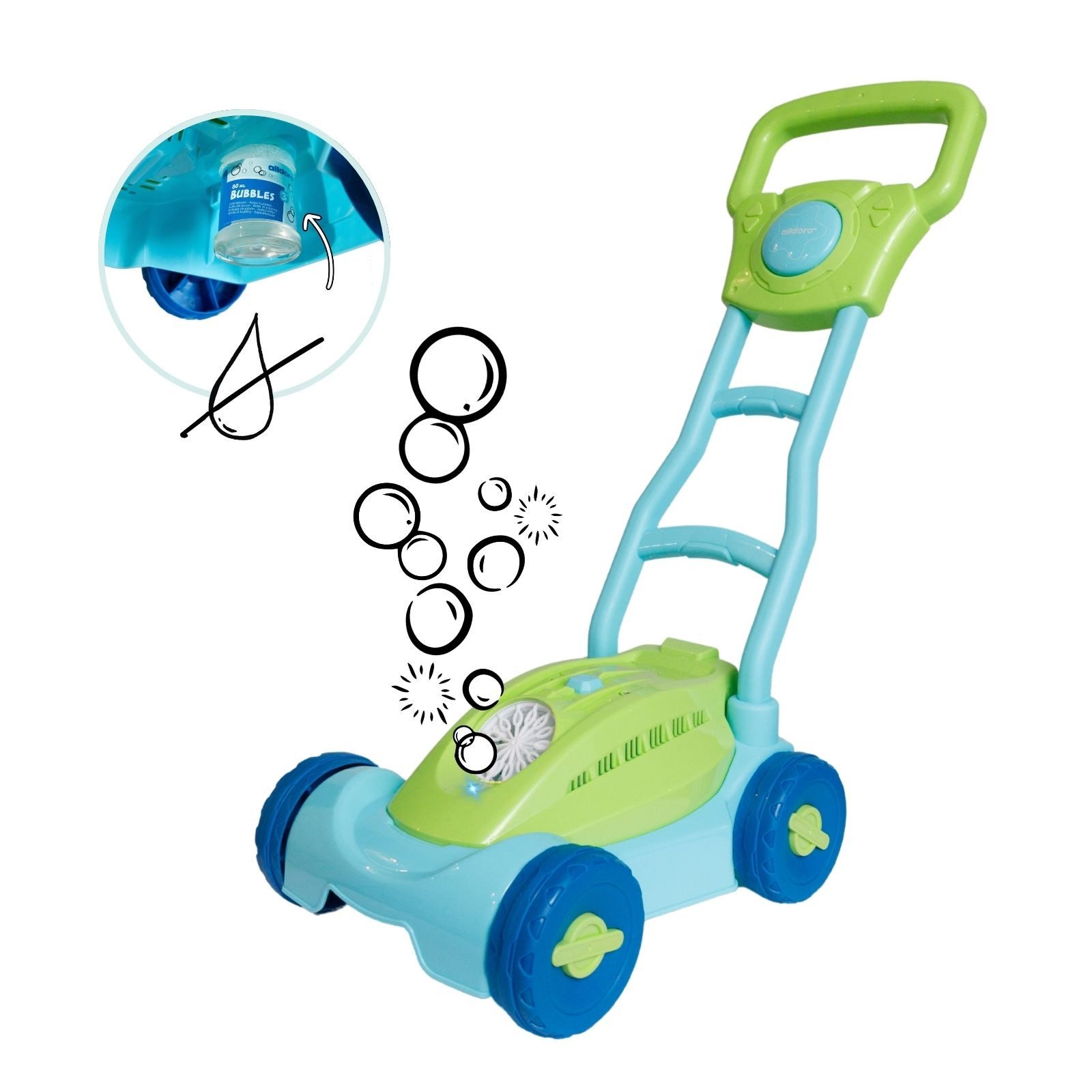 alldoro Seifenblasenspielzeug Seifenblasen-Rasenmäher für Kinder, auslaufsicherer Seifenblasentank, 160 ml Seifenblasenflüssigkeit, Licht & Hupe