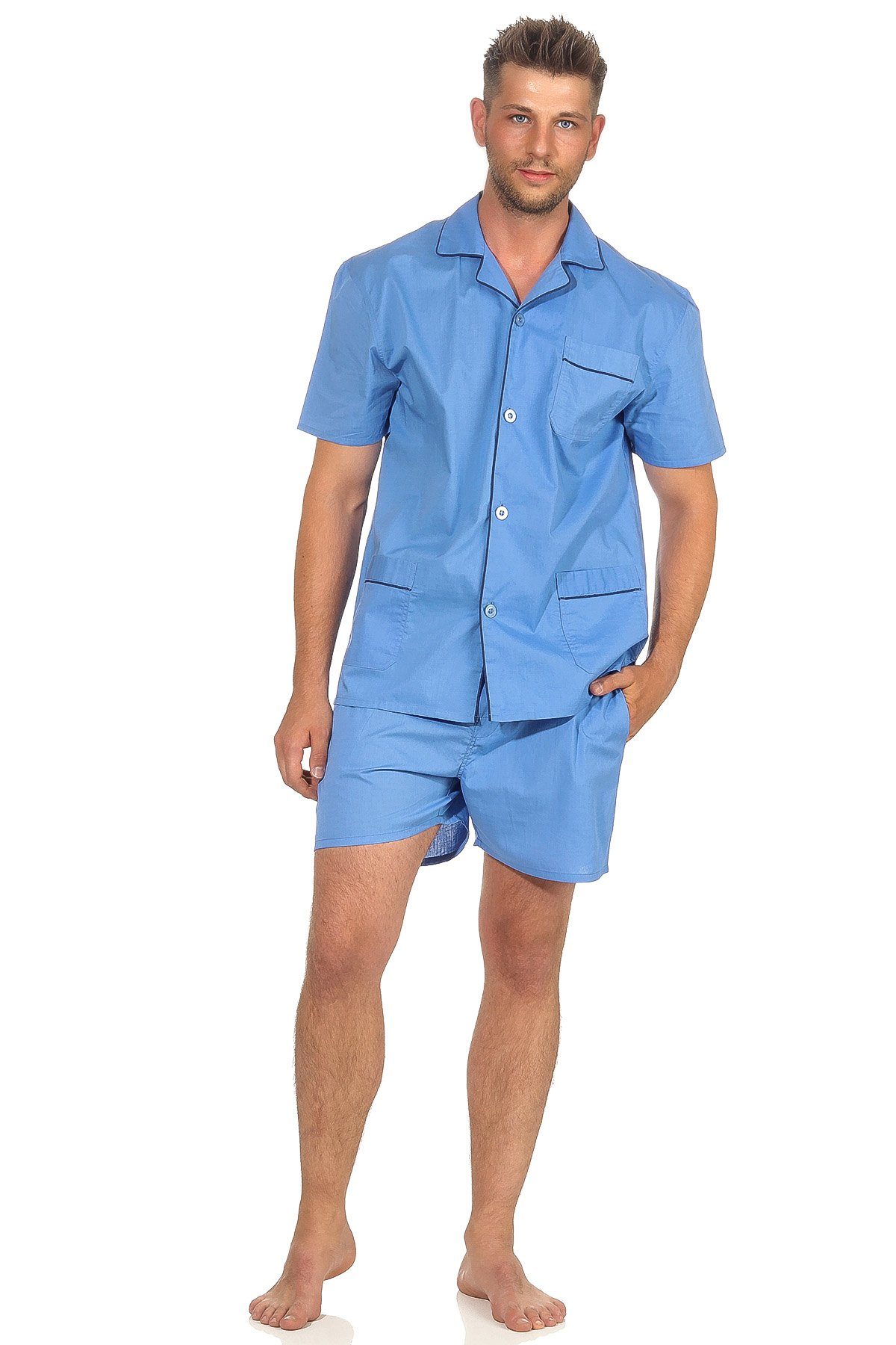 Normann Pyjama Herren Shorty Pyjama kurzarm gewebt mit durchknöpfbarem Ober günstig online kaufen