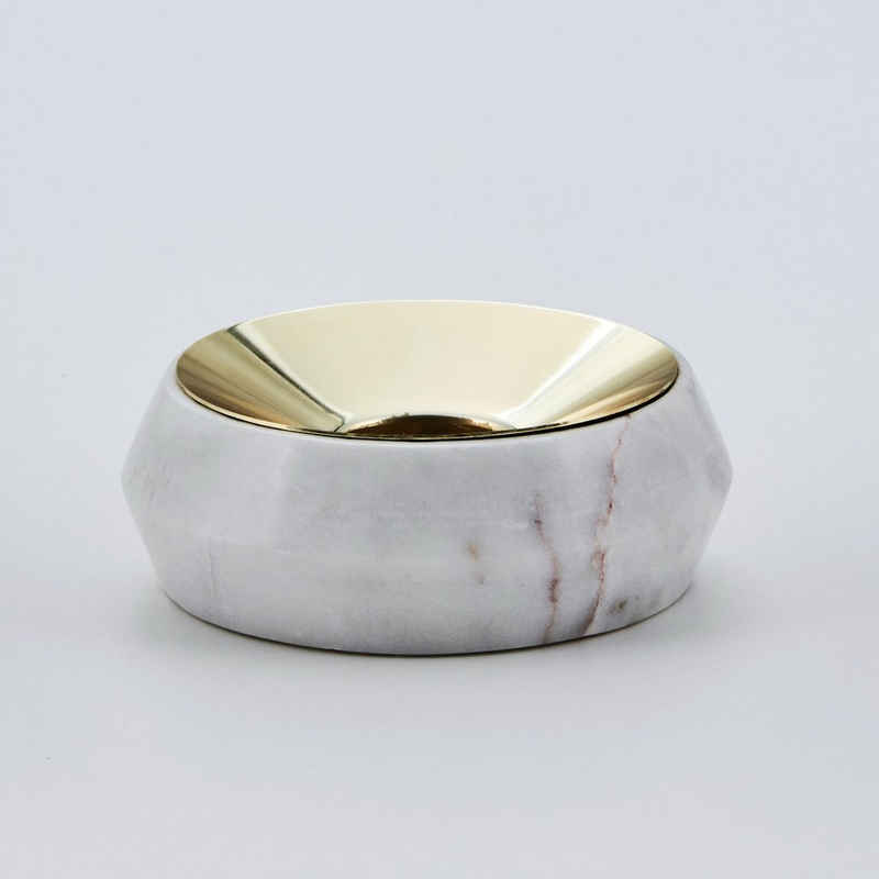 carla&marge Teelichthalter Adarette (aus weißem Marmor, mit Stahl-Inlay in Gold), eleganter Kerzenständer, rund, Durchmesser ca. 9 cm