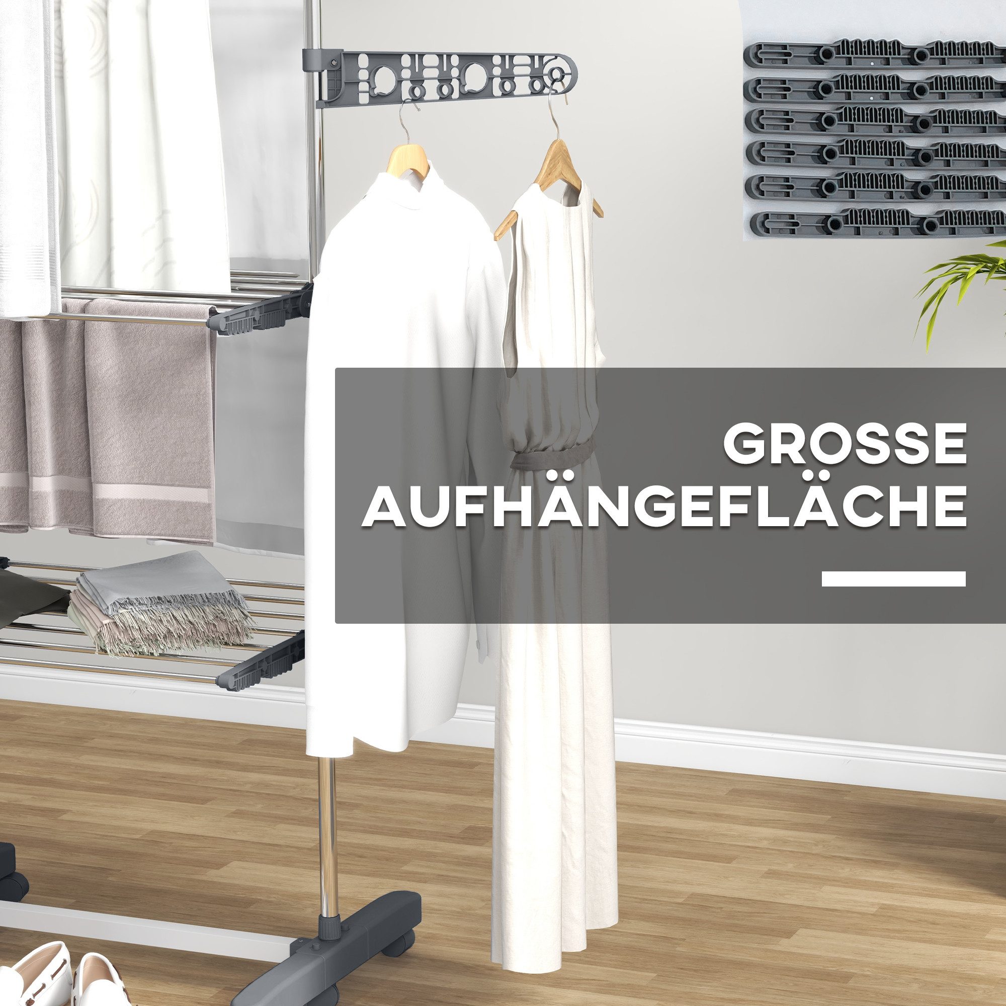 HOMCOM Wäscheständer Turm Standtrockner mit 3 Ebenen, klappbare Flügel, Rollen, für Indoor, Outdoor, Stahl Grau 80,142 x 55 x 152 cm – Bild 5 von 5
