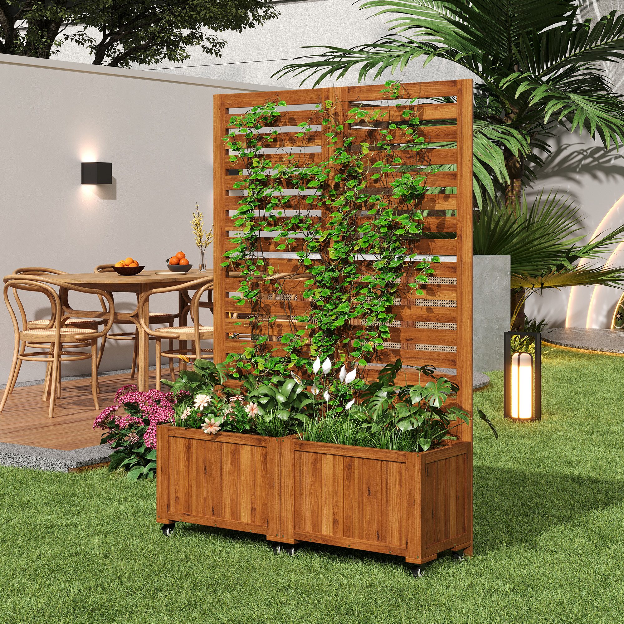 BlingBin Blumenkasten Pflanzkübel Pflanzgefäß für Garten Hof Terrasse (1 St., mit Spalier als Kletterhilfe und Klapp- und Universalrädern), Geeignet für Garten, Hof und Terrasse