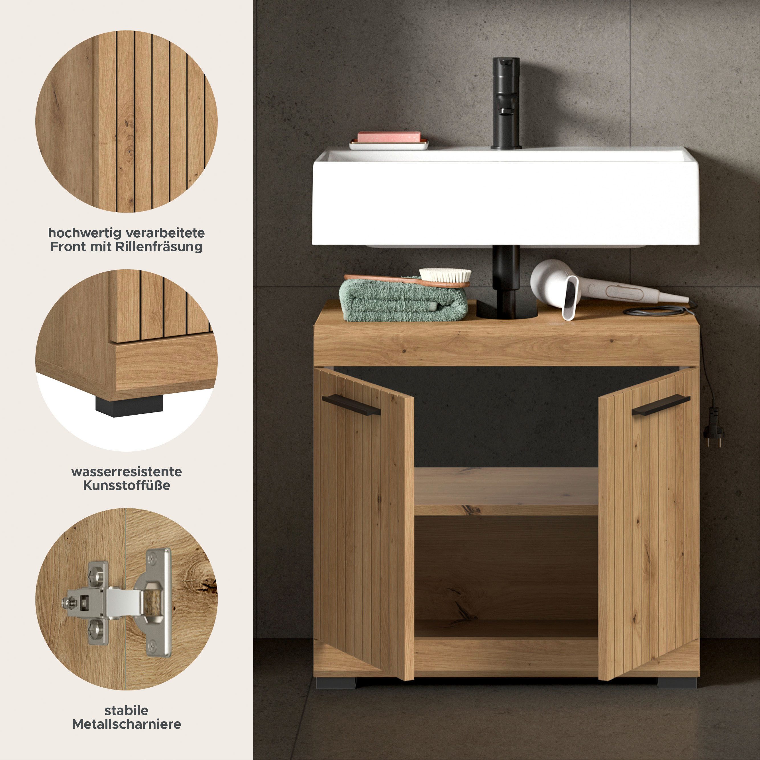 welltime Waschbeckenunterschrank SIENA, Breite 60cm, mit 2 Türen oder 2 Schubkästen, MDF-Front (1-St., TOPSELLER!, mit Siphonausschnitt 10x25 cm) in verschieden – Bild 3 von 5