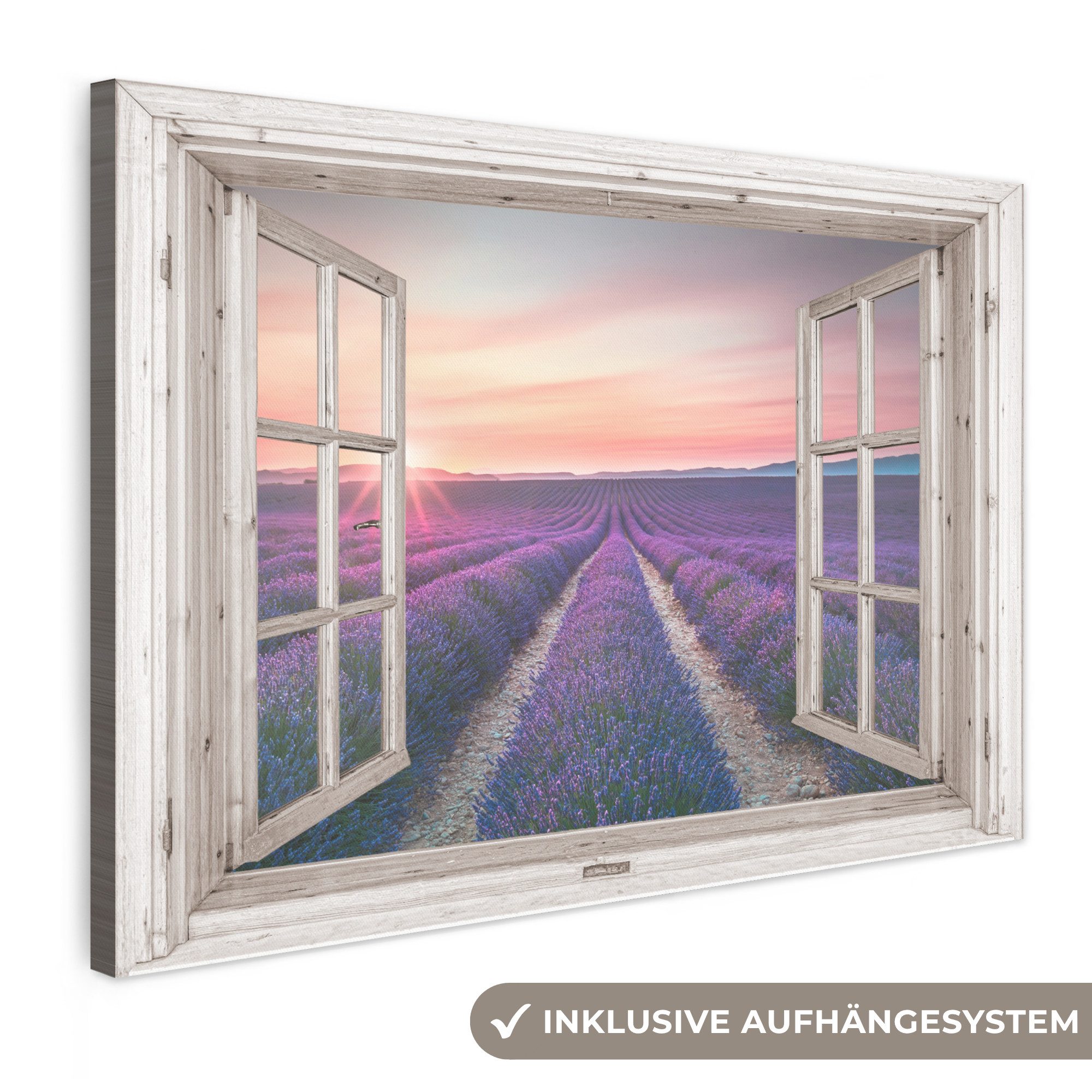 OneMillionCanvasses® Leinwandbild Fensterblick - Fenster - Lavendel - Blumen - Holz - Sonnenuntergang -, Fotodruck (1 St), Leinwand Bilder groß für Wohnzimmer 140x90 cm