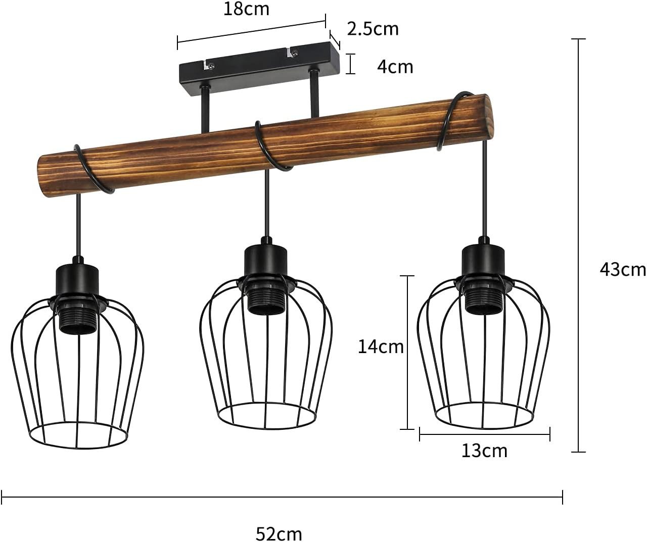 Nettlife Deckenleuchte Holz 2/3/4 flammig Retro Schwarz Deckenlampe E27 Industrial, Höhenverstellbar, LED wechselbar, Flur Wohnzimmer Schlafzimmer – Bild 5 von 5