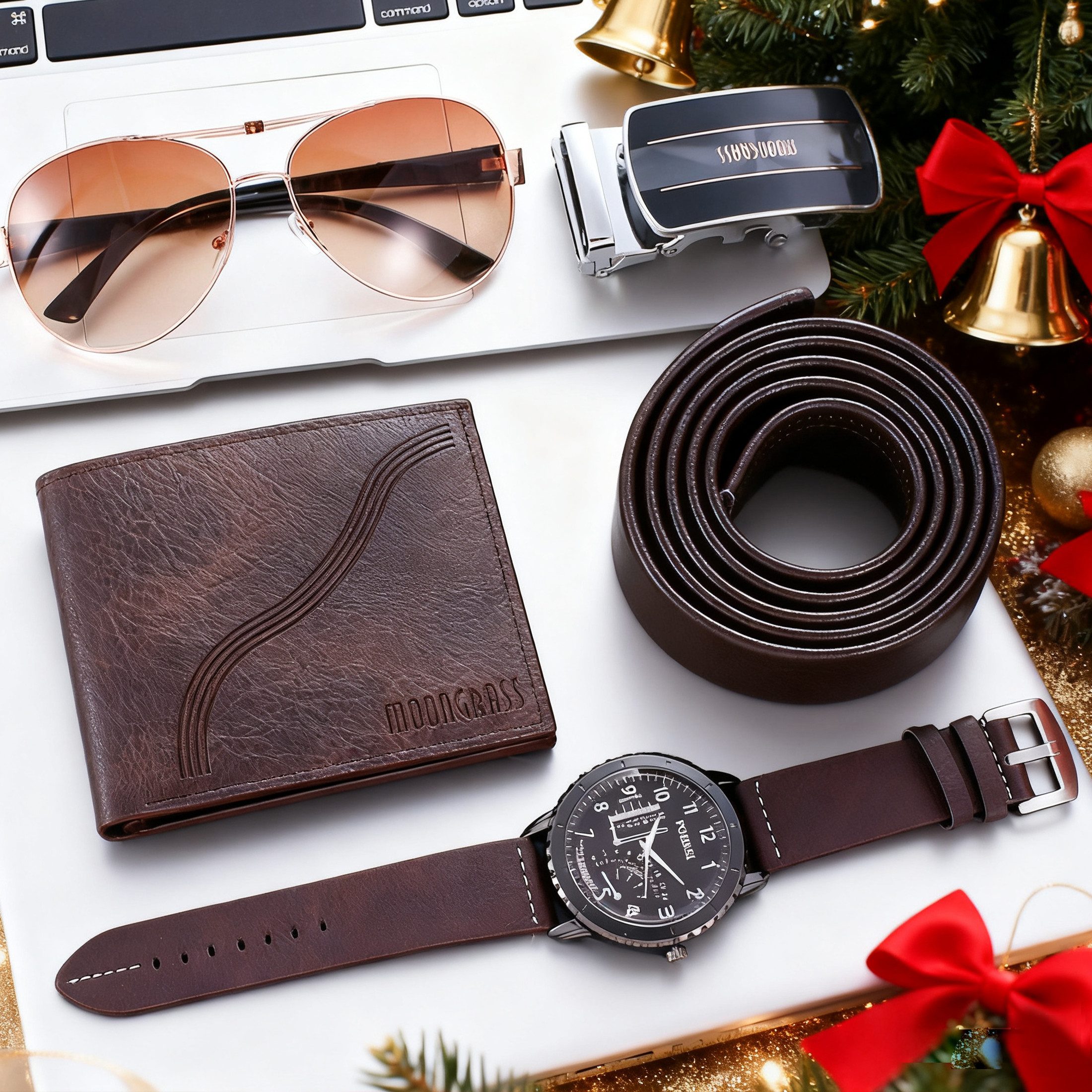 Luckice Geldbörse 4PCS Geschenk für Männer Herrenuhr Gürtel Set (Mann Männer Geburtstag Hochzeitstag Geschenke, Vatertag Geschenkbox,Geburtstagsgeschenk,Weihnachtsgeschenk), Herren Wichtelgeschenk Sets mit Ledergürtel Wallet Watch Gläsern