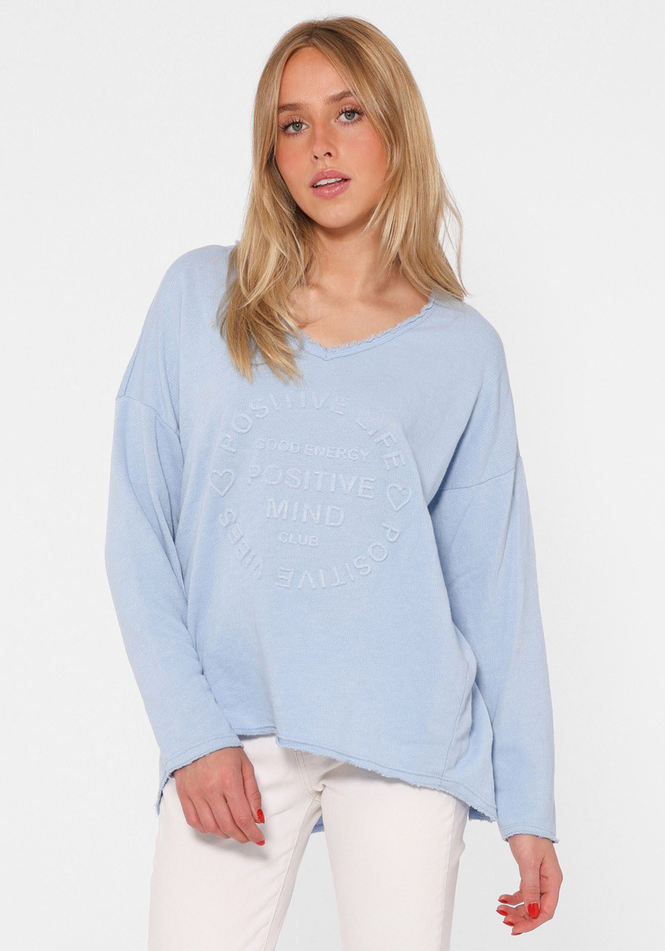 Zwillingsherz Sweatshirt "Positive Mind" ausgefranster V-Ausschnitt, Used Look, Langarm, Schriftzug