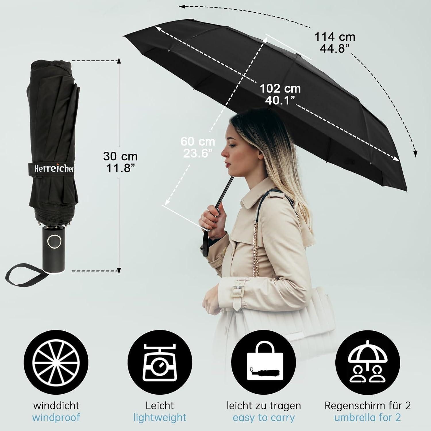 Herreicher Taschenregenschirm Sturmfester Regenschirm 2024 Taschenschirm Groß Winddicht