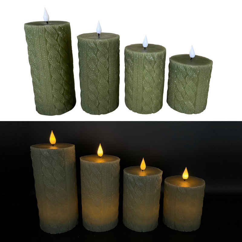 Online-Fuchs LED-Kerze 4 LED Kerzen aus Echtwachs mit Zopfstrickmuster und flackernde Flamme (Grün oder Grau wählbar), 6-Stunden-Timer