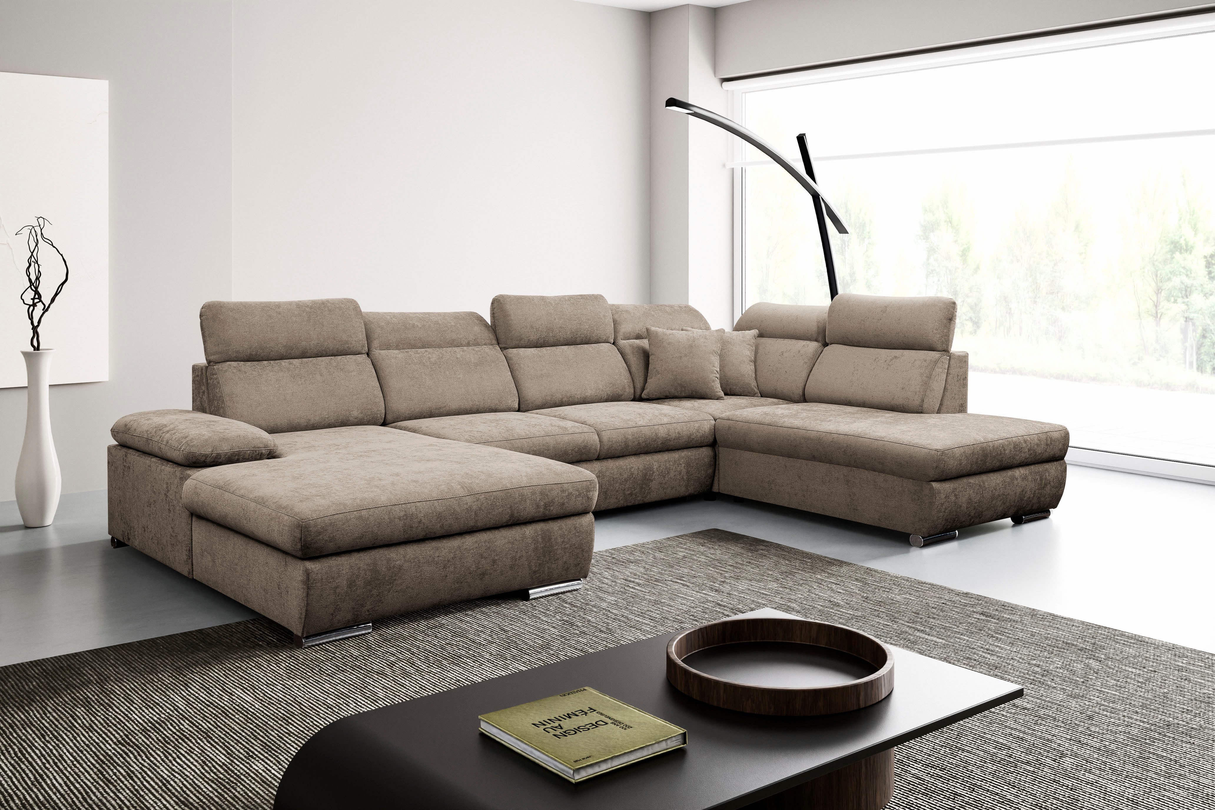 WERK2 Wohnlandschaft Cordoba inkl. Bett & Bettkasten, Kopfteilverstellung, zeitlos, elegant, Struktur, U-Form, XXL, Schlaffunktion, Bettkasten