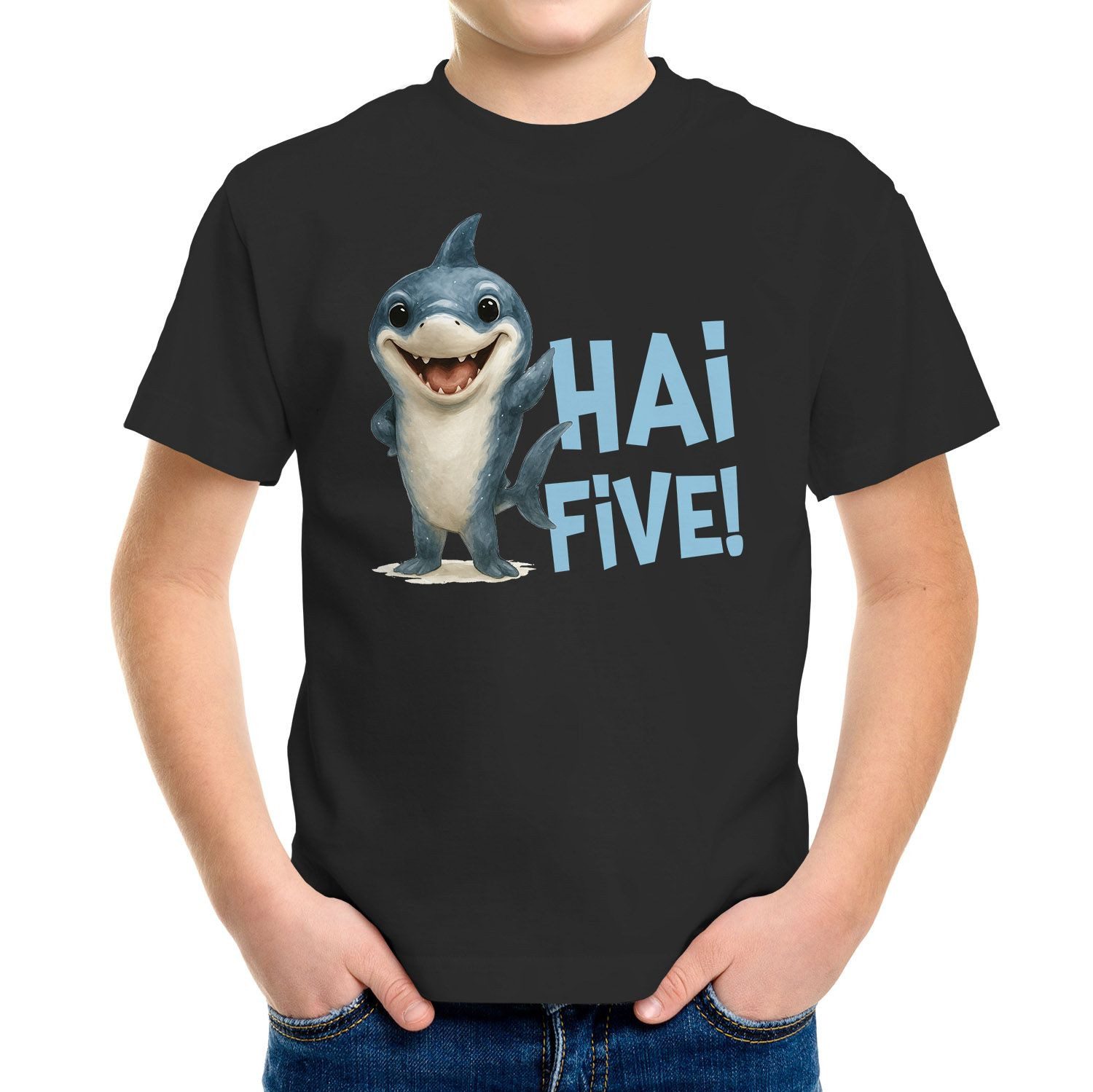 Print-Shirt Kinder T-Shirt Jungen mit Hai Motiv Witziges Hai Five Comic Shirt für