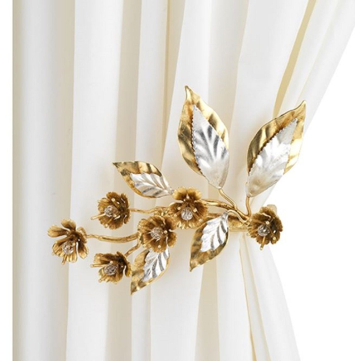 Casa Padrino Dekoobjekt Luxus Vorhanghalter Gold / Silber 22 x 18 x H. 22 cm - Eleganter Metall Gardienenhalter mit Glasperlen - Luxus Deko Accessoires