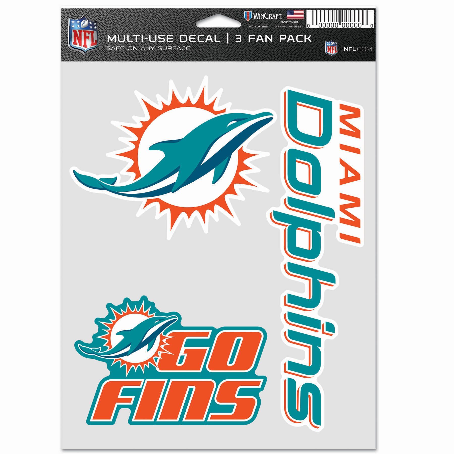WinCraft Wanddekoobjekt NFL Aufkleber Use 3er Set 20x15cm Miami Dolphins