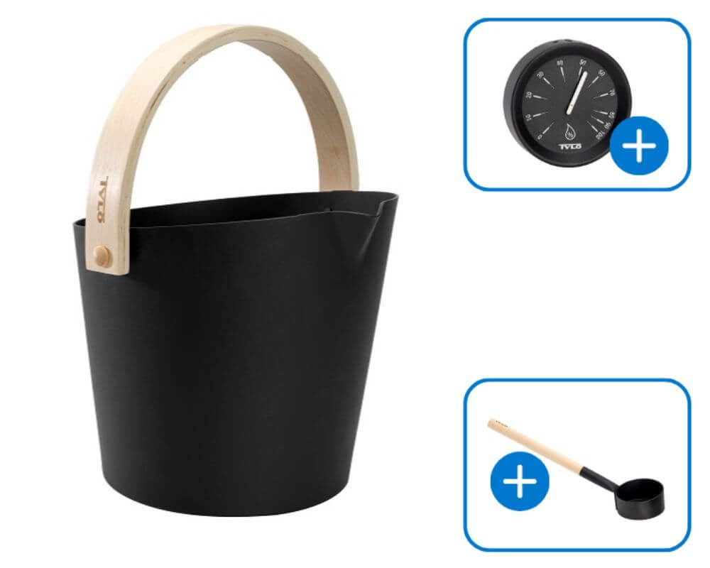 Tylö Aufgusstopf Tylö Brilliant Black SET mit Eimer, Kelle und Hygrometer