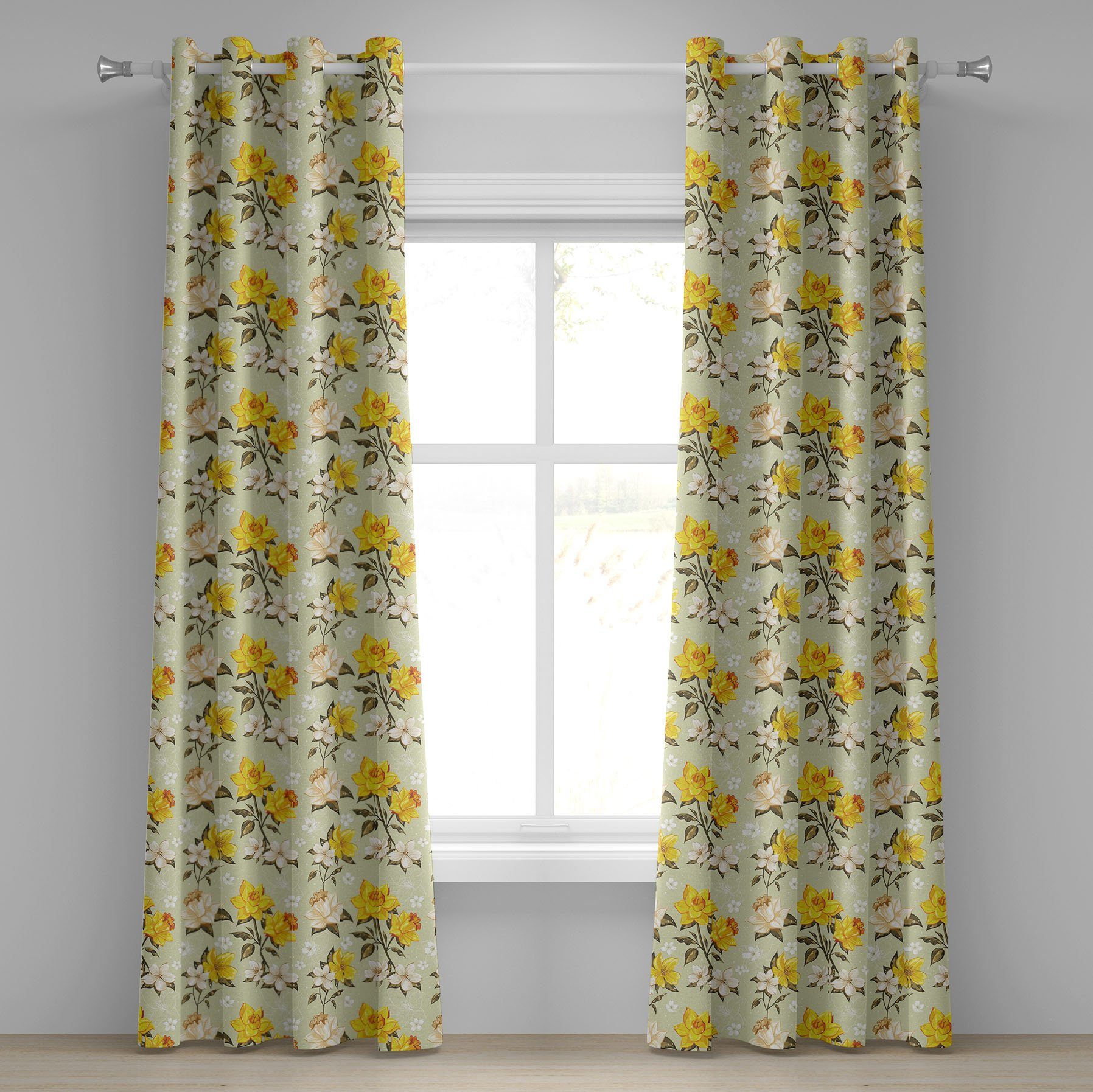 Gardine Dekorative 2-Panel-Fenstervorhänge für Schlafzimmer Wohnzimmer, Abakuhaus, Frühling Floral Narcissus Ast