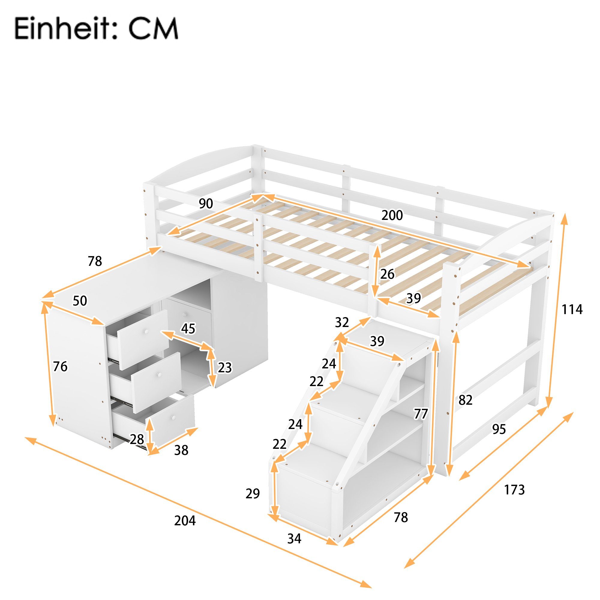 WISHDOR Einzelbett 90 Matratze 200cm Kinderbett Bett Treppe, weiß), integriertem Funktionsbett Multifunktionsschreibtisch (mit Hochbett x Gästebett Ohne und