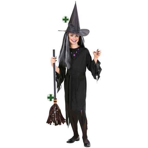 Karneval-Klamotten Hexen-Kostüm Mädchen Hexe Kinder Kostüm Halloween, schwarzes Hexenkleid mit Hexenhut und Hexenbesen