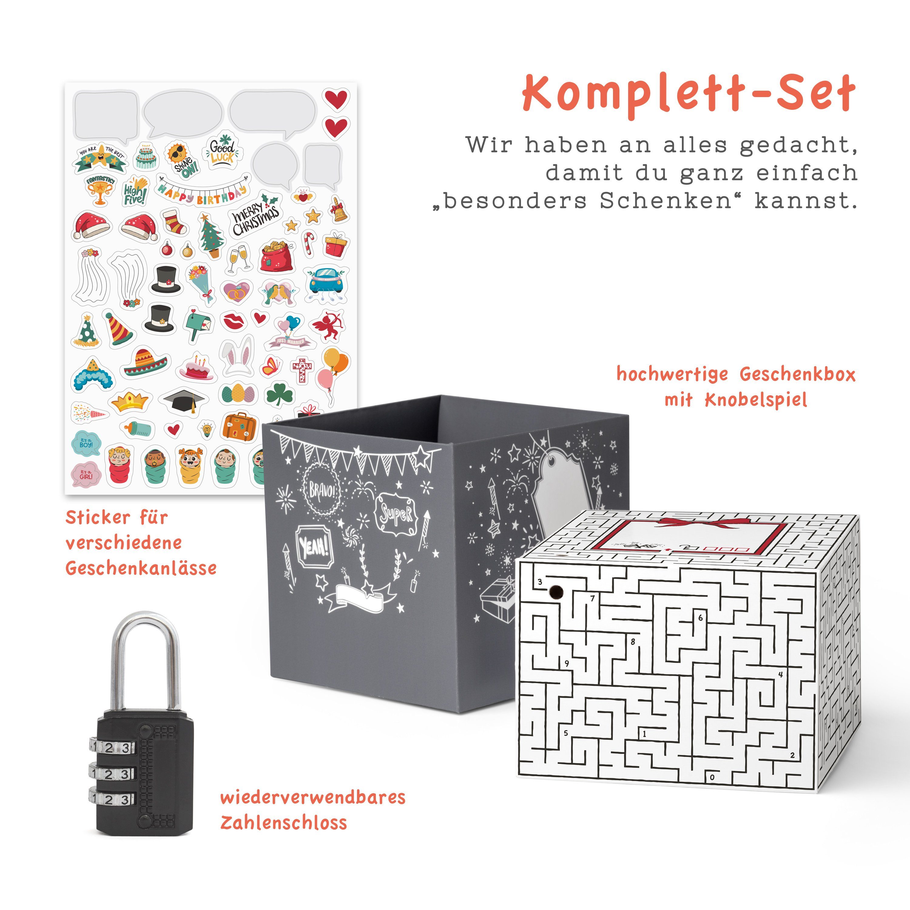SURPRISA Geschenkbox Rätzel Geschenkbox, Geldgeschenk Verpackung & Gutschein Geschenk Box (inkl. 3-stelligem Zahlenschloss), Geschenkkarton Labyrinthrätsel, 12,5 x 12,5 x 12,5 cm, weiß