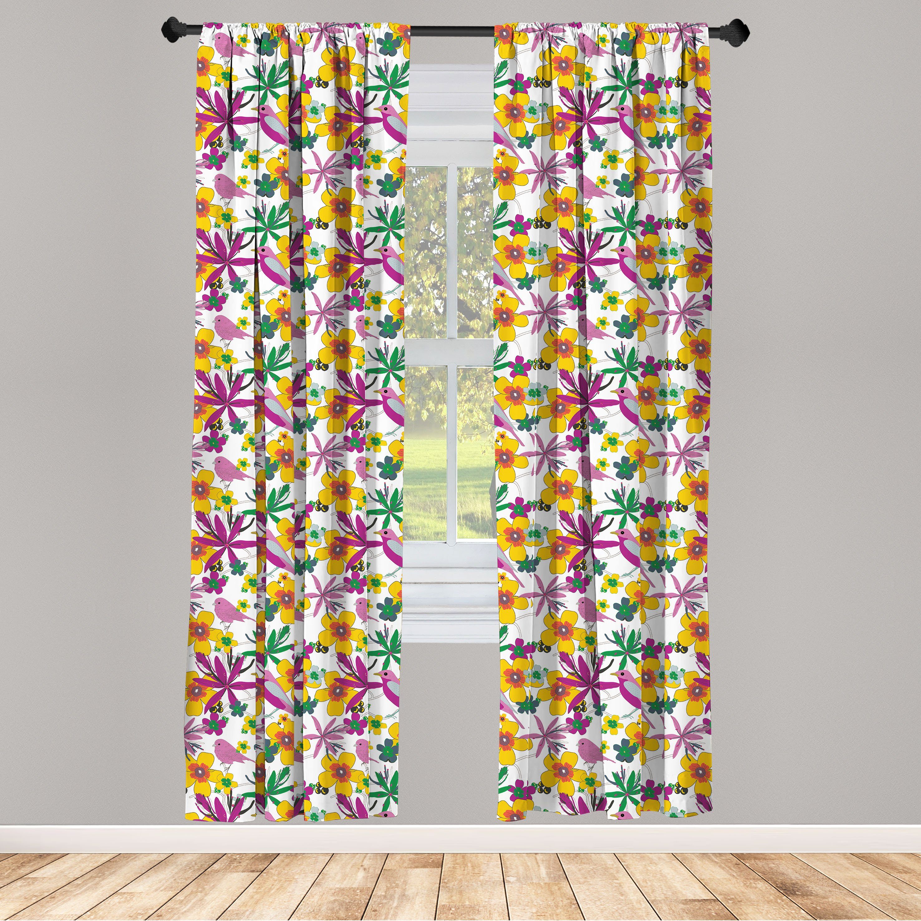 Gardine Vorhang für Wohnzimmer Schlafzimmer Dekor, Abakuhaus, Microfaser, Blumen Spitz Blumen-Vogel-Blätter