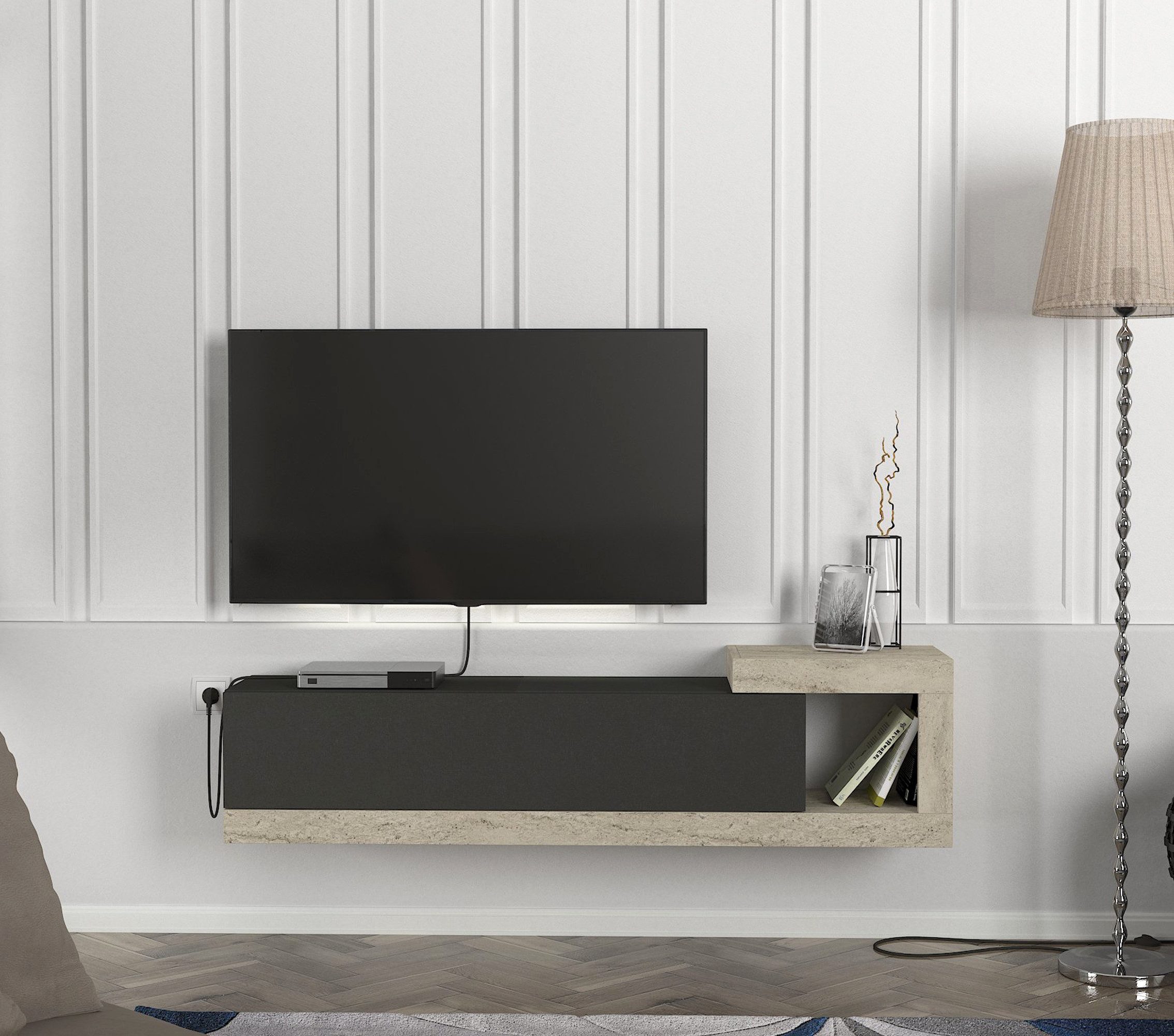 moebel17 Lowboard TV Lowboard Bliss, TV Schrank, Wandmontierte TV-Regale Mit Tür (Einzelmöbel, 1 St., Besteht aus 1 TV Lowboard), Pflegeleichte Oberfläche, Granitoptik